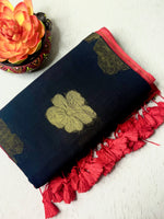 Load image into Gallery viewer, Handwoven Cotton Saree - Rose Black + Vibrant Red
