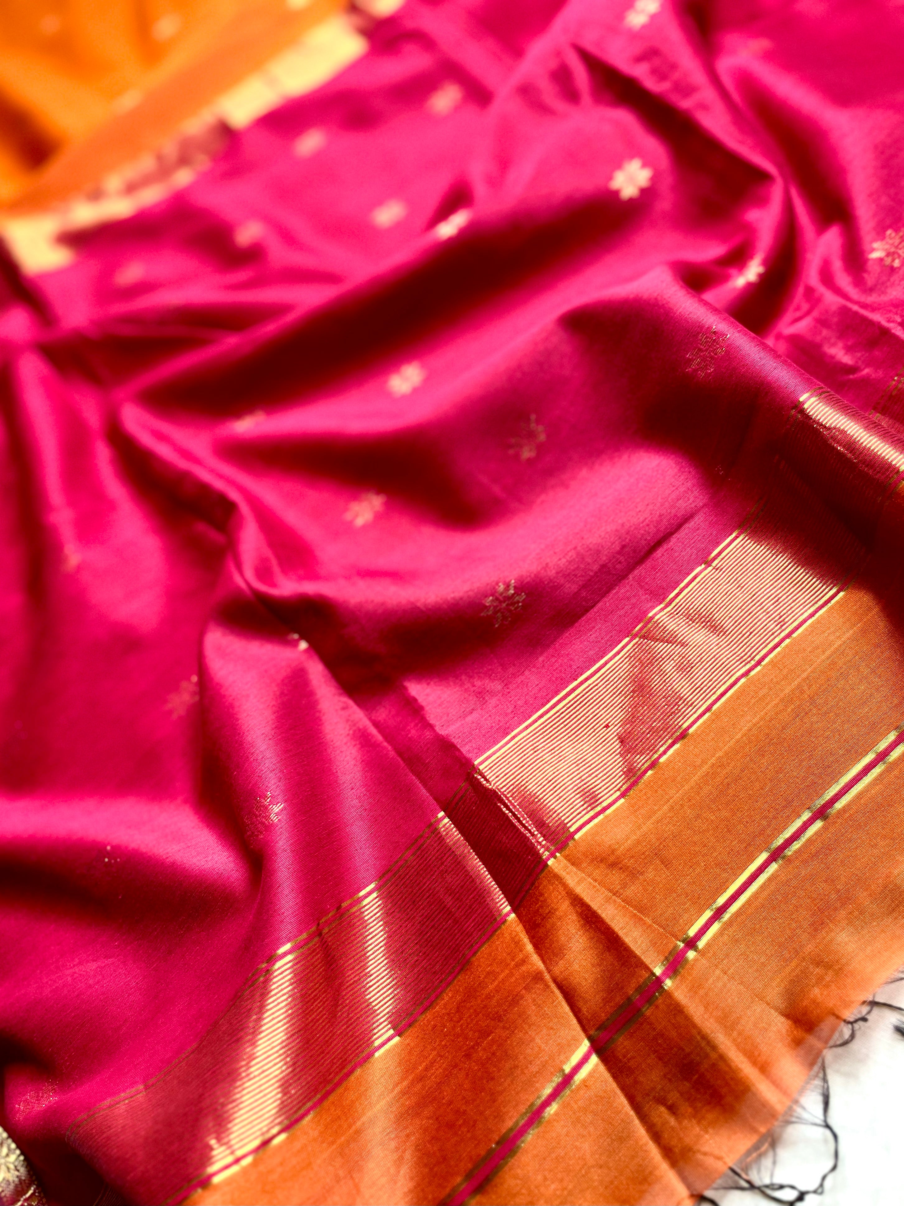 Handwoven Maheshwari Silk Cotton Saree - Orange + Cerise Red
