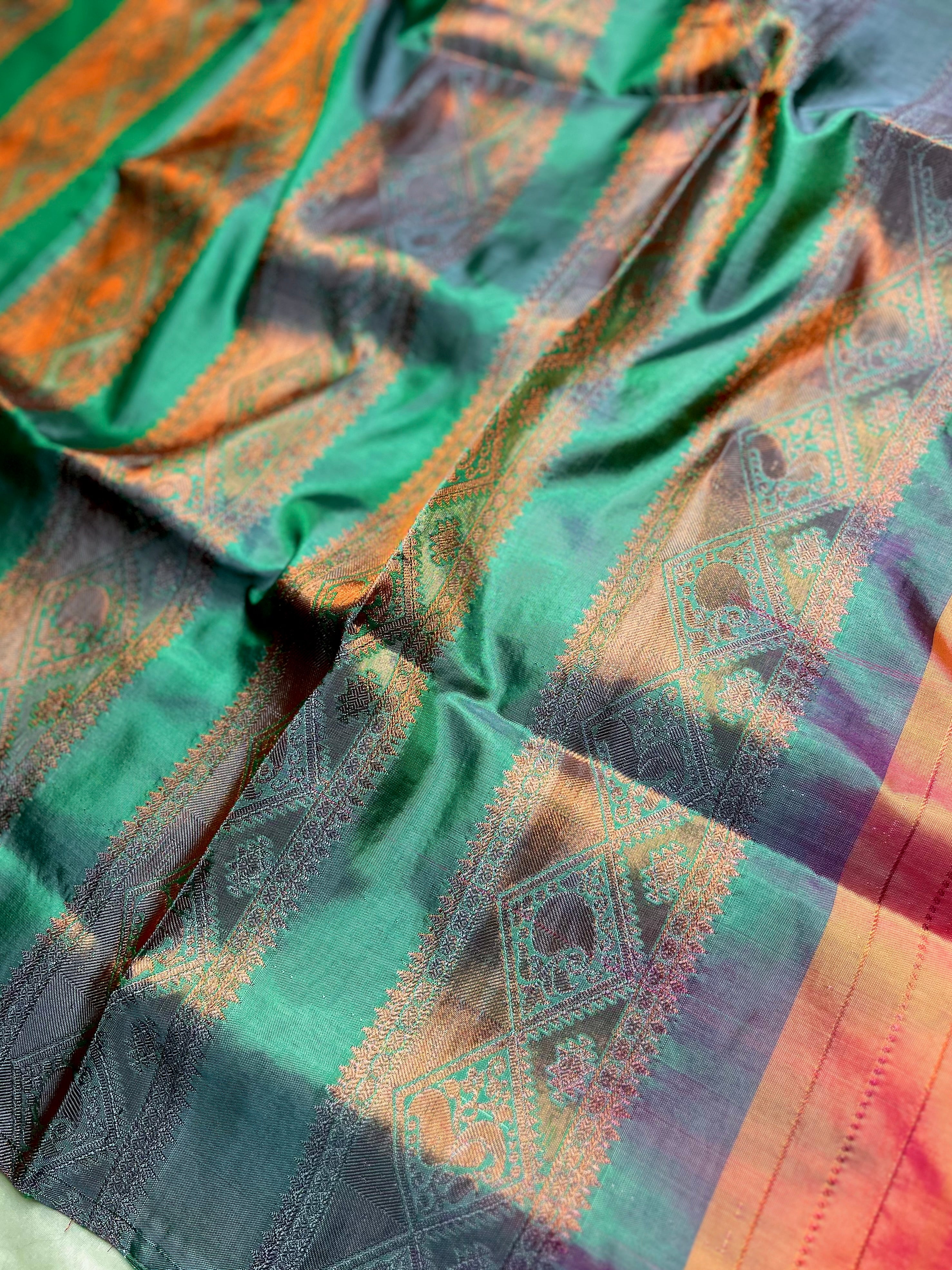 Handwoven Art Silk Saree -  Crimson Orange + Deep Sea Green