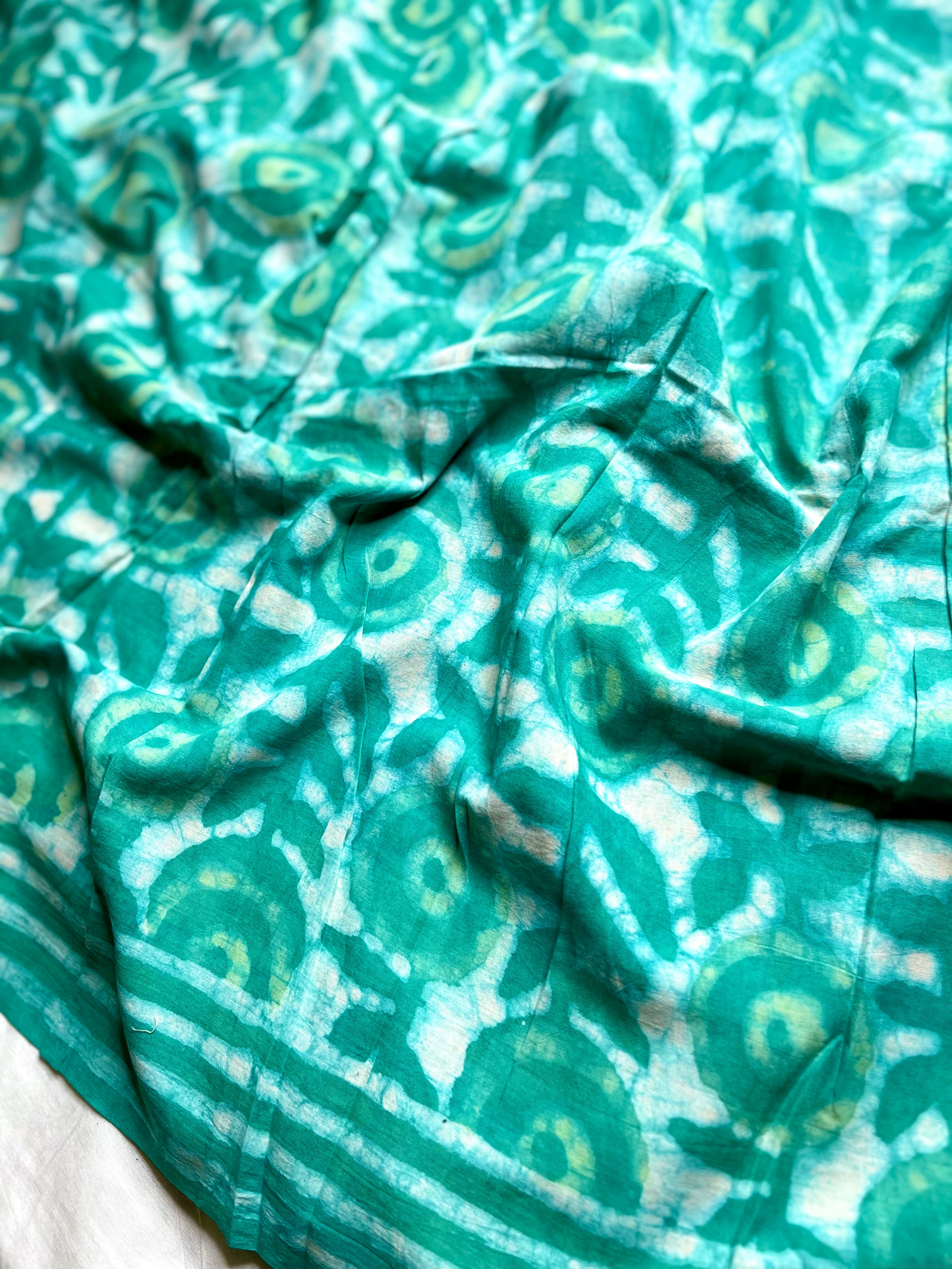 Handblock Printed Cotton Saree -  Fountain Green  + Swiss White