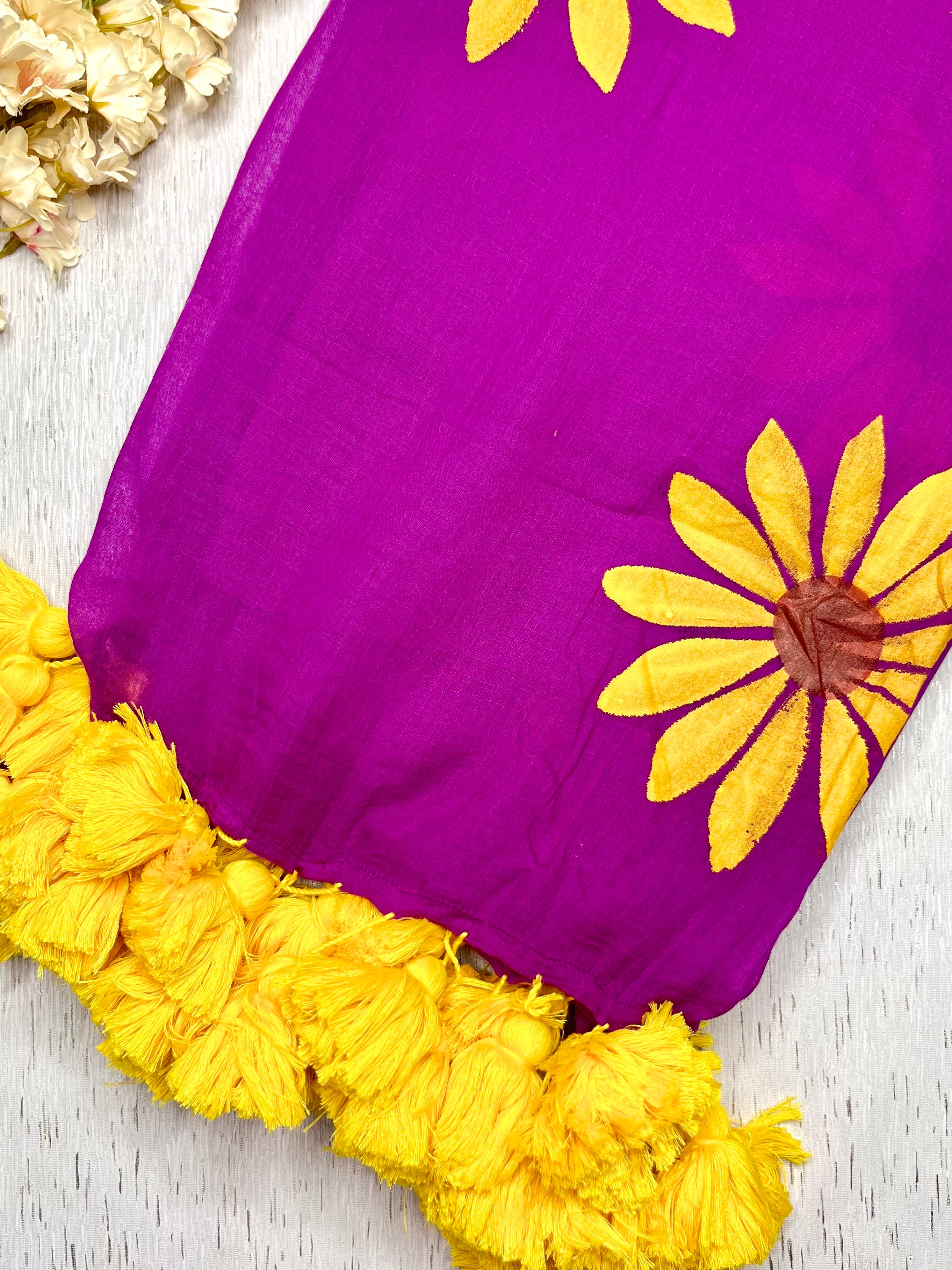 Hand Painted Cotton Saree - Electric Violet + Corn Yellow