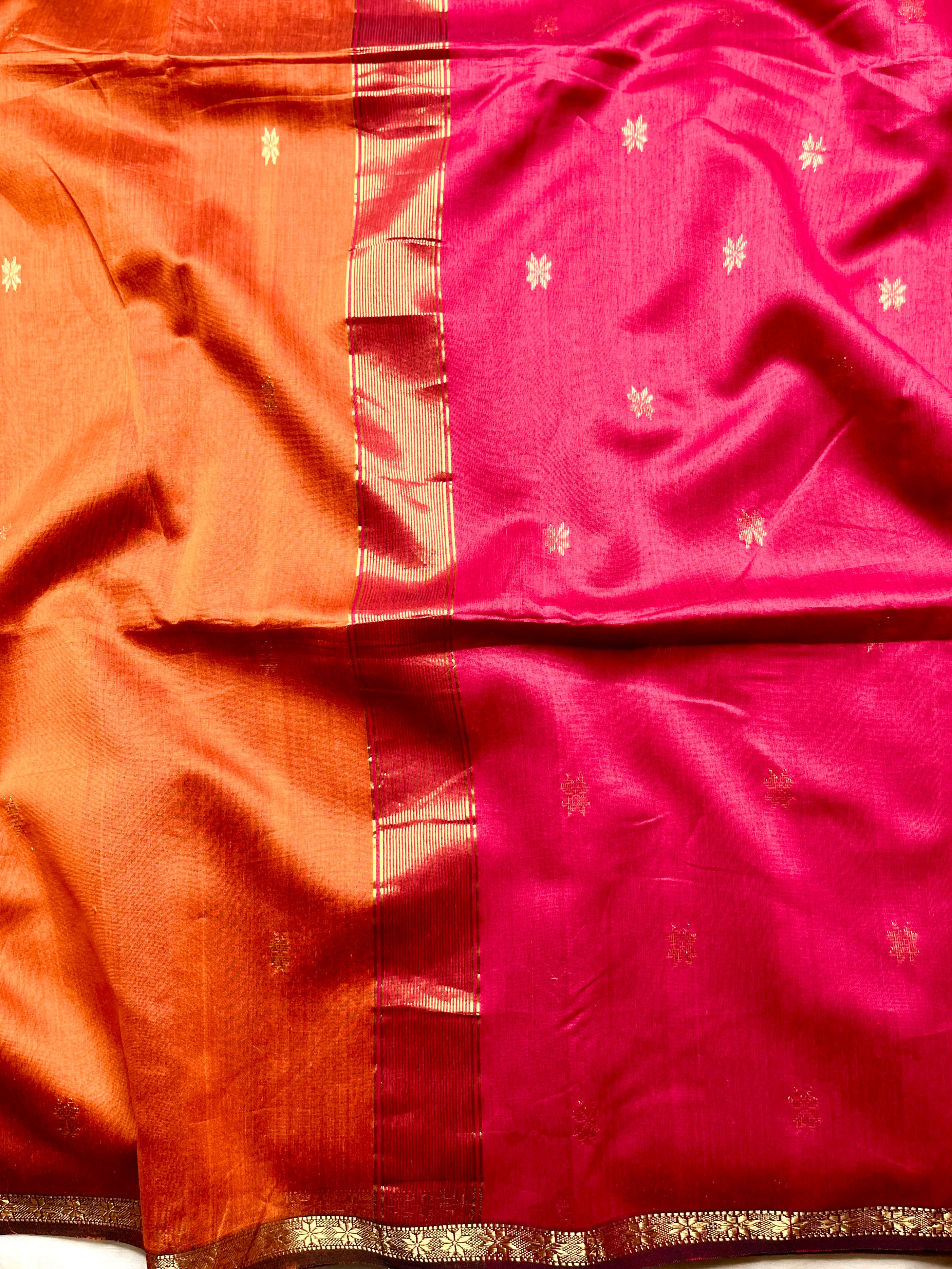 Handwoven Maheshwari Silk Cotton Saree - Orange + Cerise Red