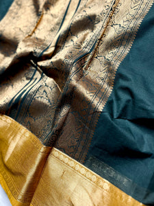 Kanchi Cotton Saree - Deep Green + Fuel Yellow