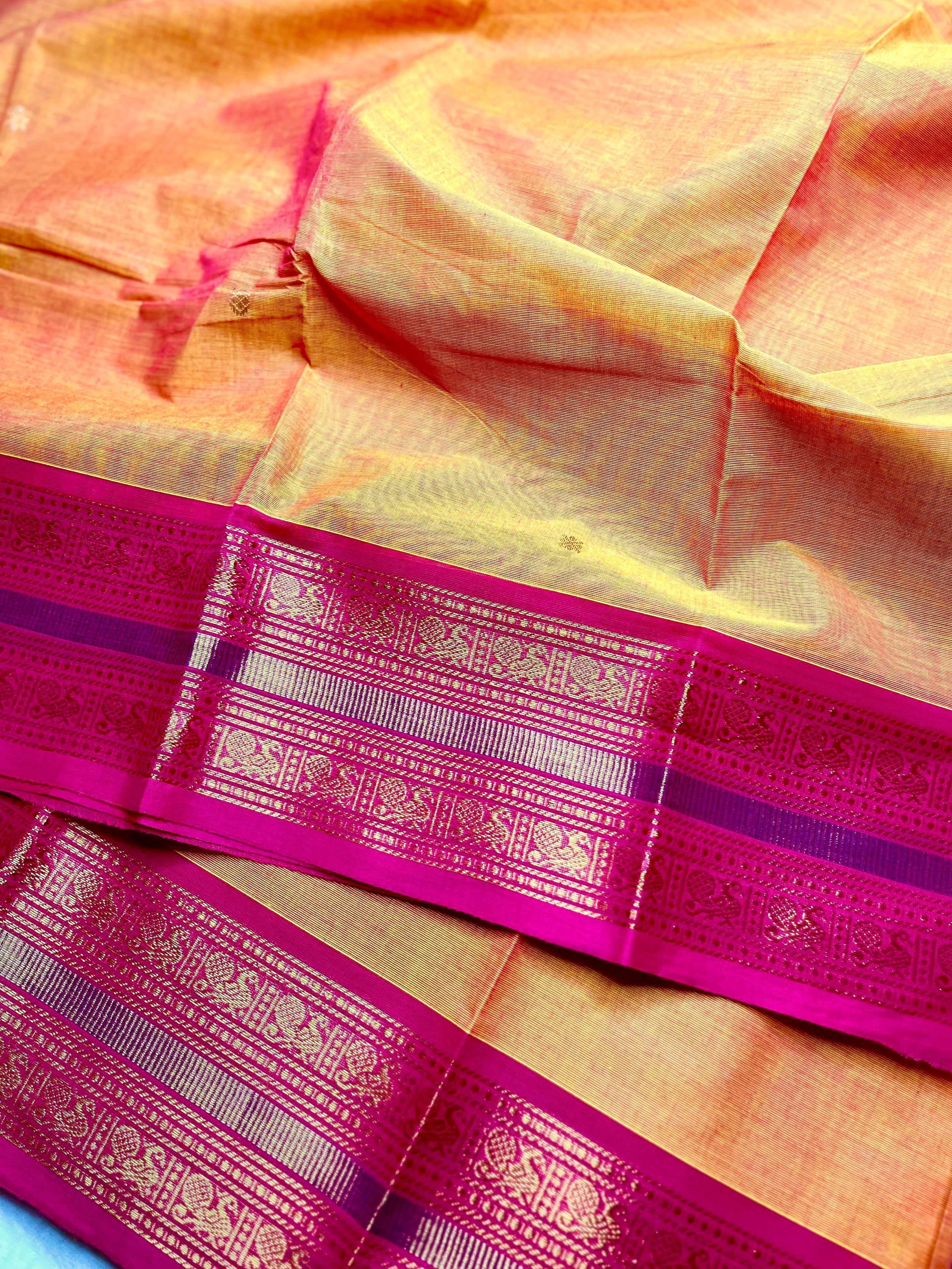 Chettinad Cotton Saree -  Bright Sun + Crimson Pink