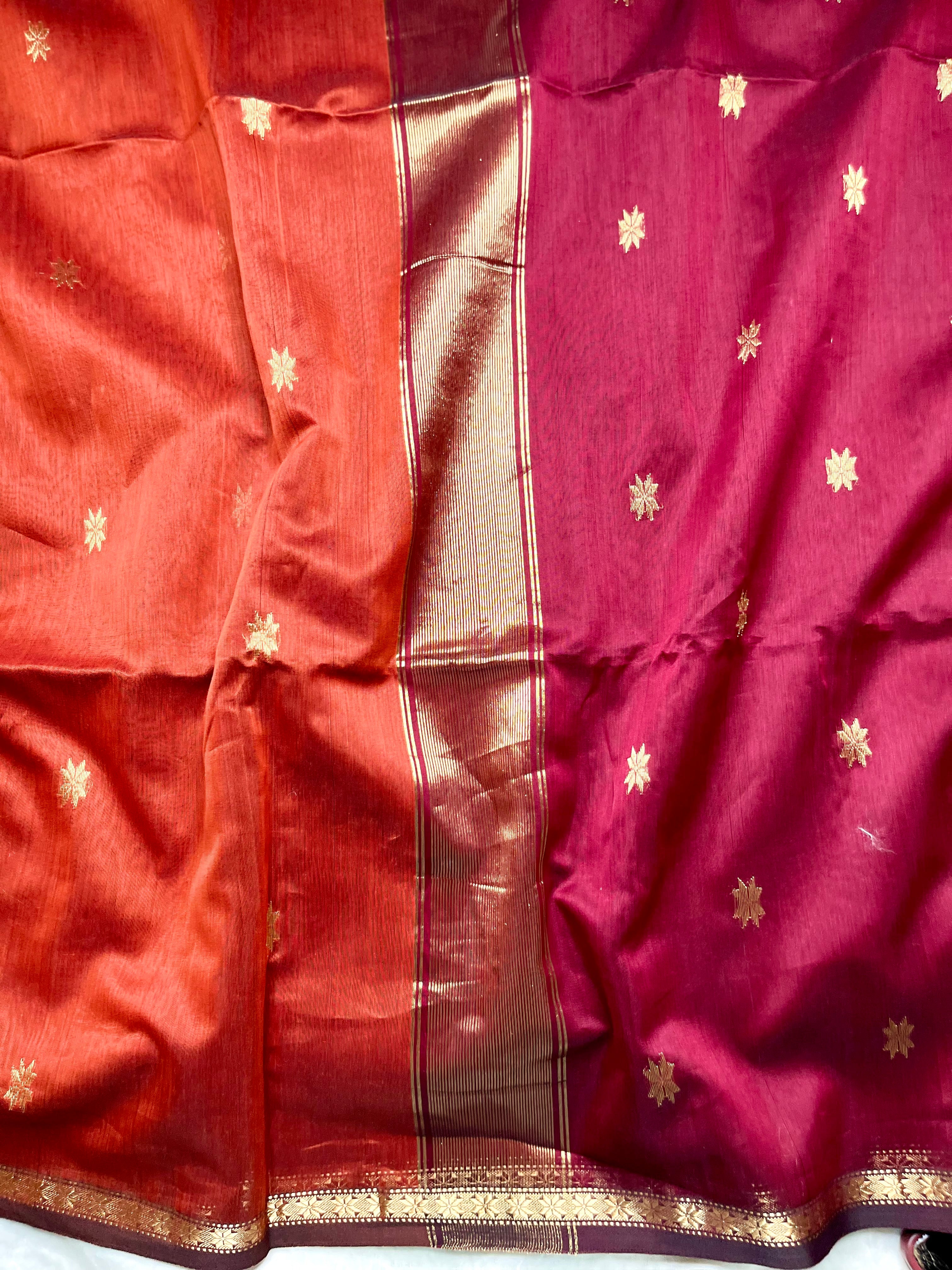 Handwoven Maheshwari Silk Cotton Saree -  Mexican Orange + Flush Maroon