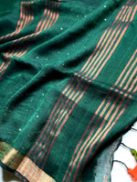 Load image into Gallery viewer, Handwoven Linen Saree -  Bottle Green + Gold
