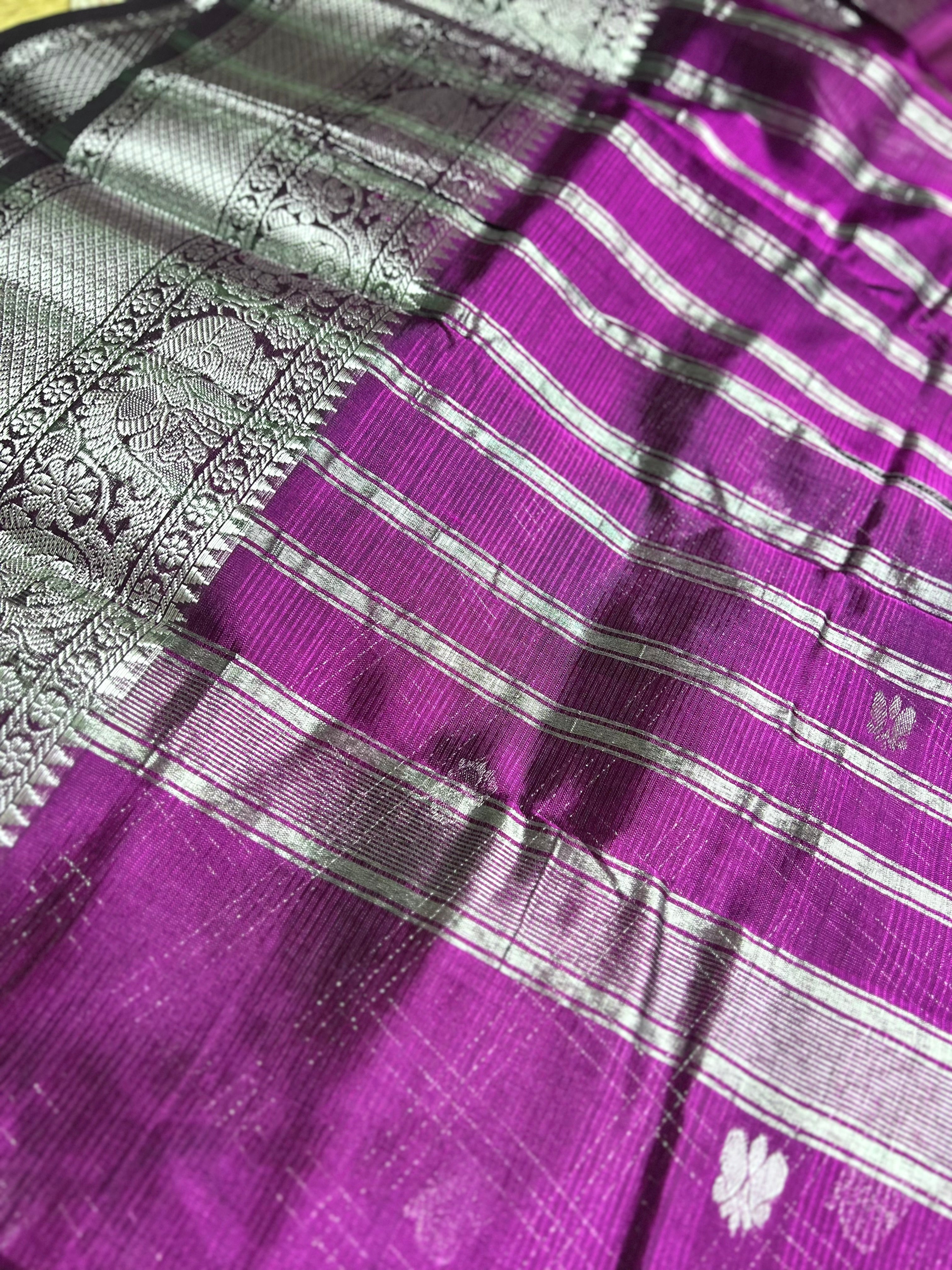 Handwoven Mangalgiri Silk Cotton Saree - Eggplant Violet+ Silver