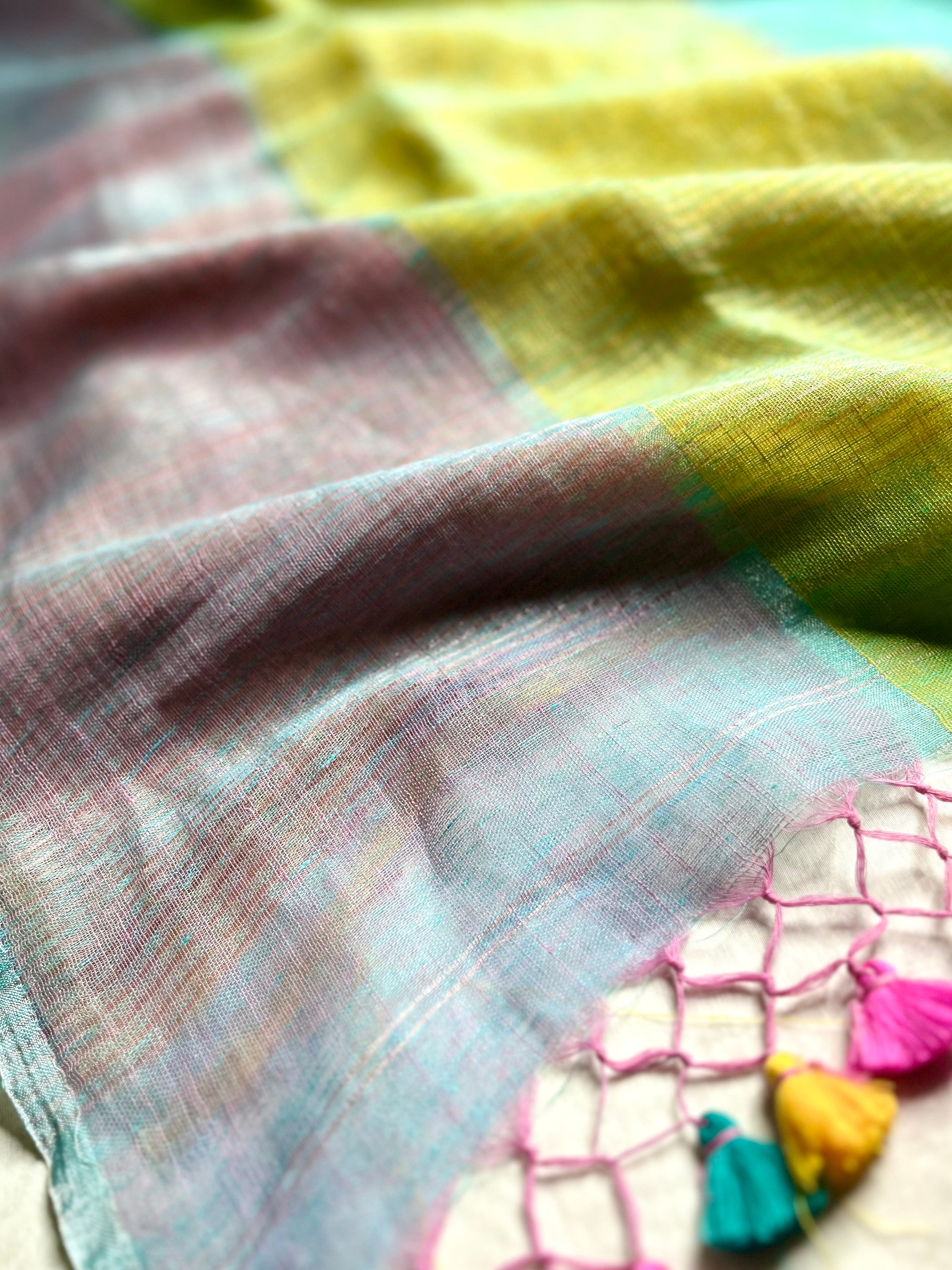 Handwoven Linen Saree - Lavender Rose + Candy Corn Yellow