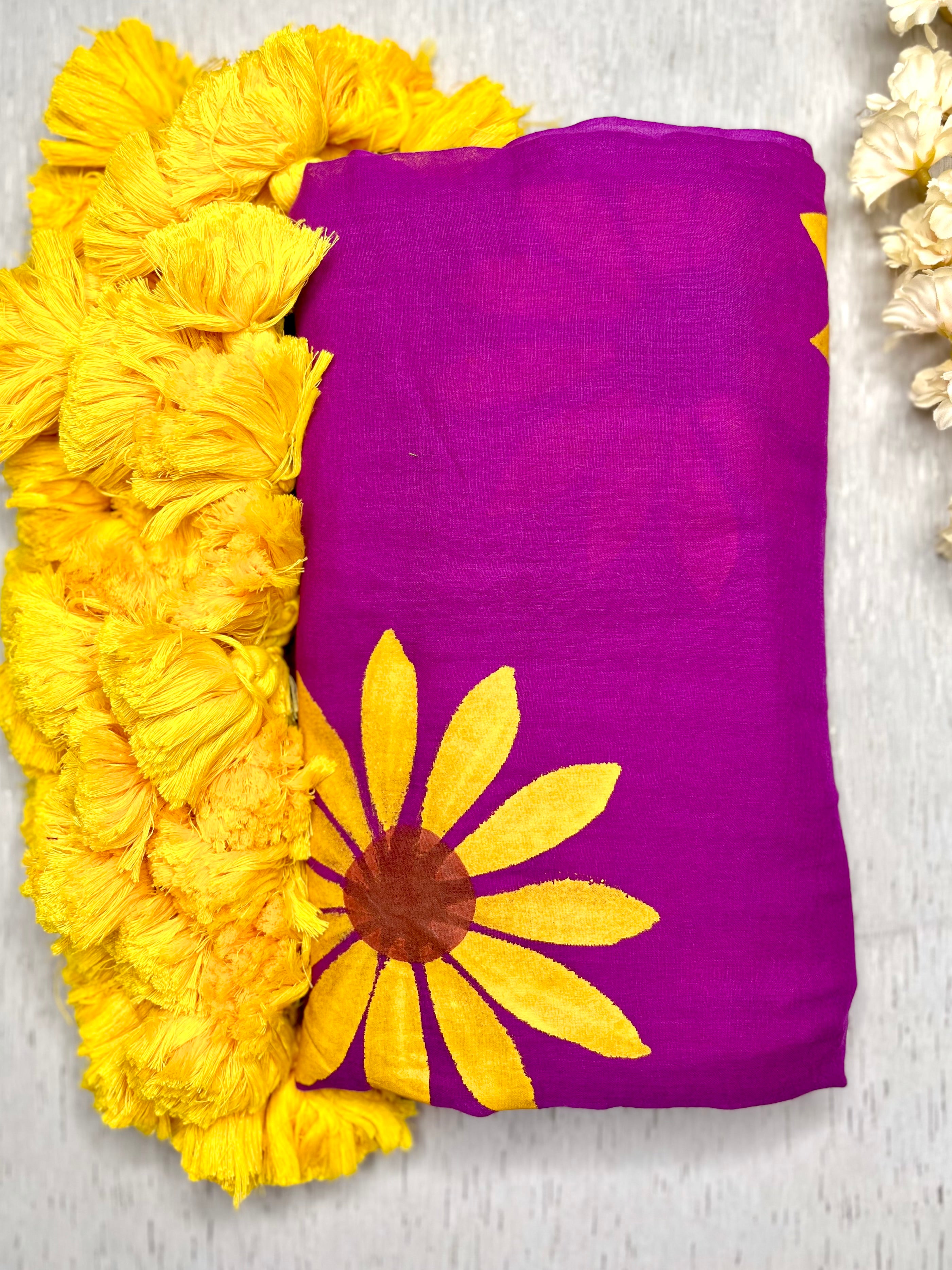 Hand Painted Cotton Saree - Electric Violet + Corn Yellow