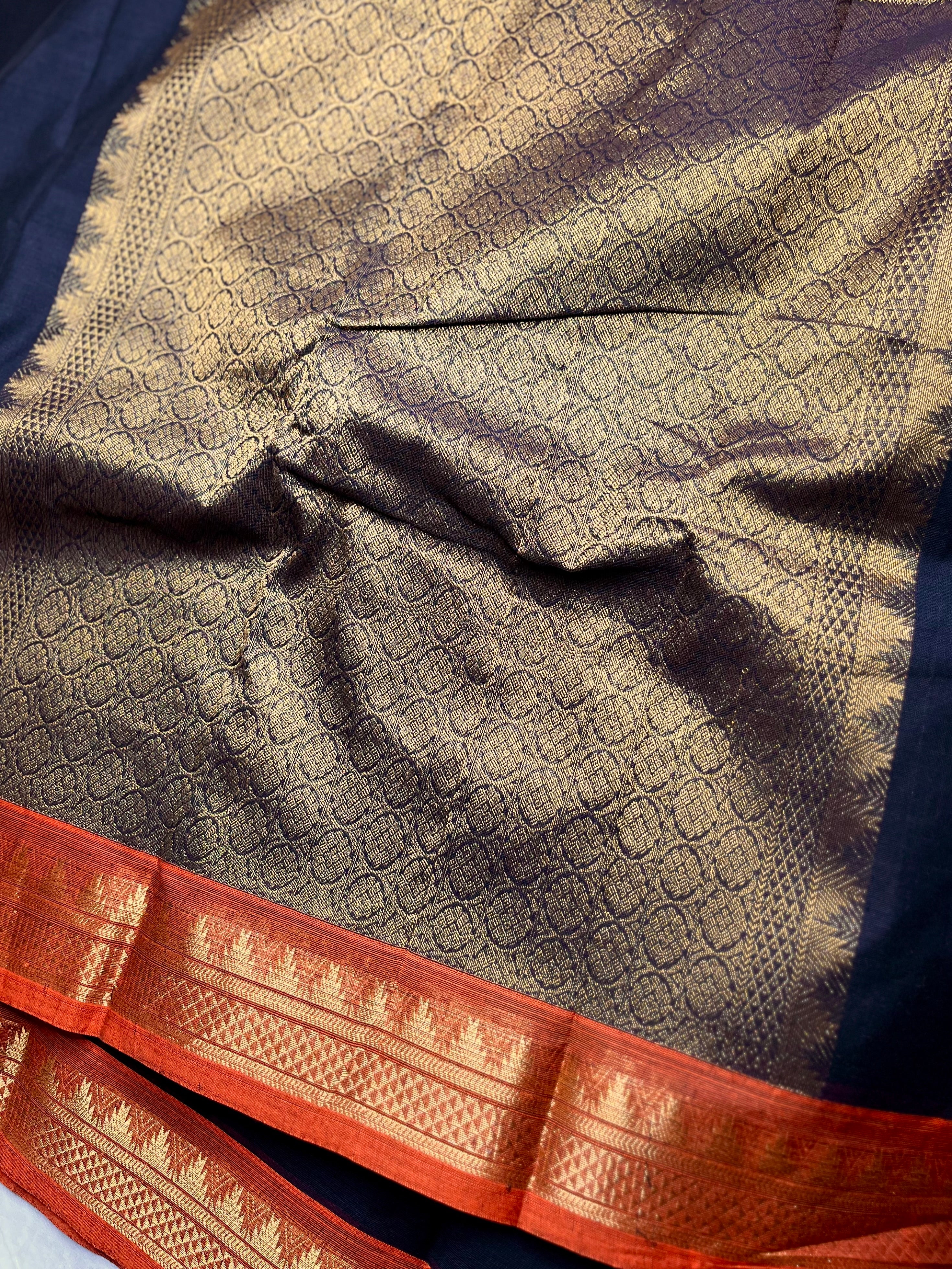 Chettinad Cotton Saree - Thunder Black +  Blaze Orange