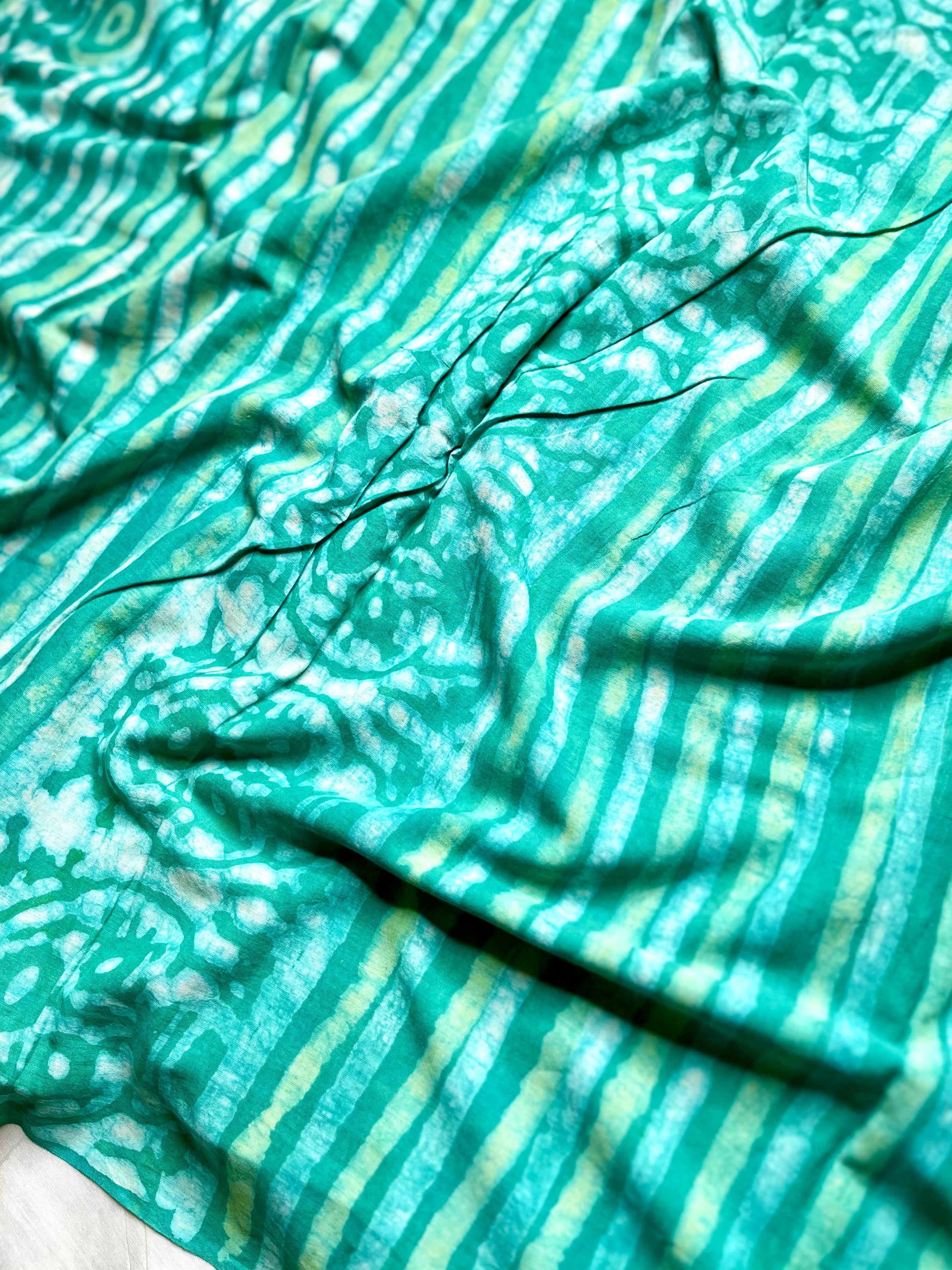Handblock Printed Cotton Saree -  Fountain Green  + Swiss White