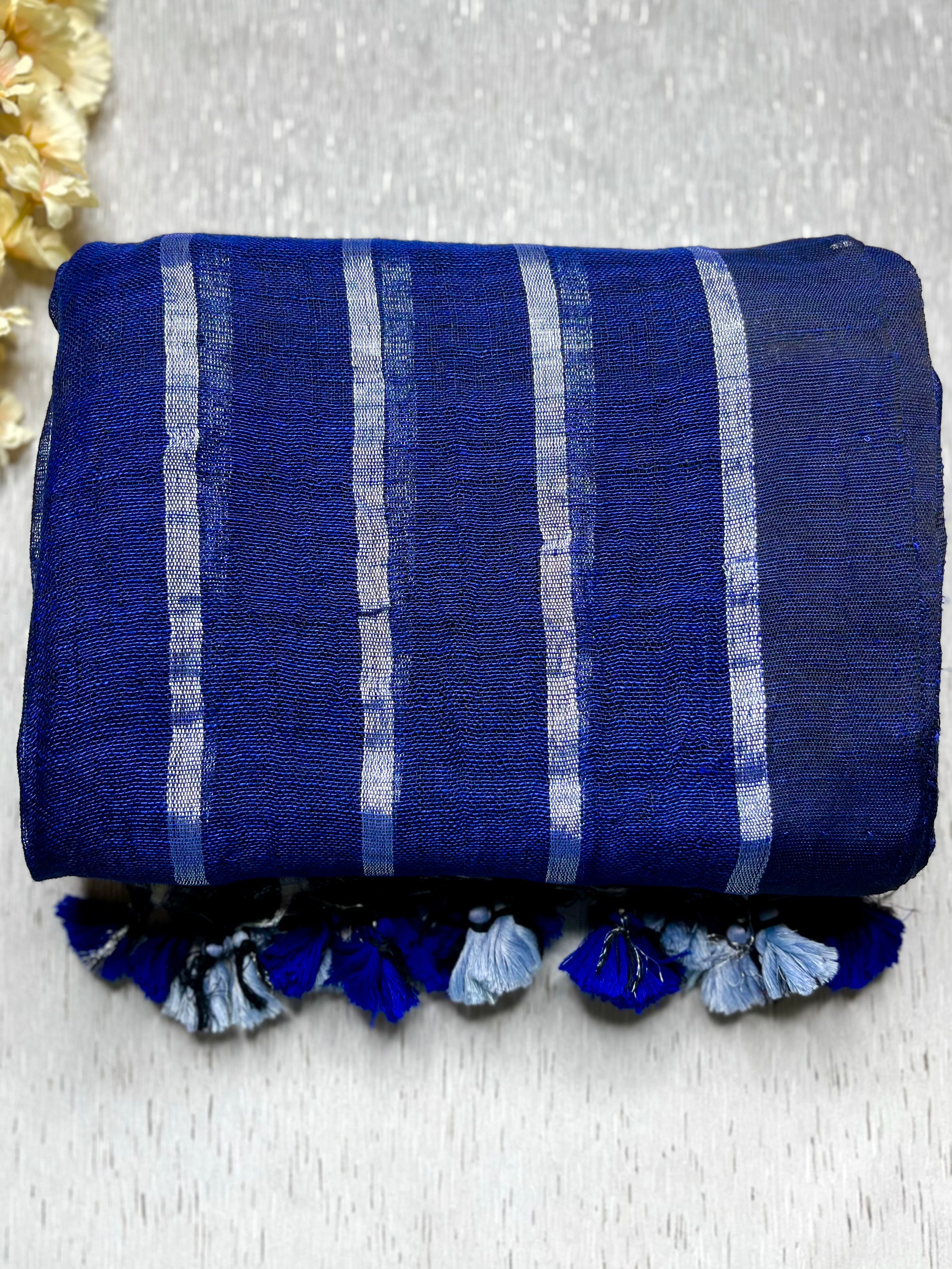 Handwoven Linen Saree - Royal Blue + Silver