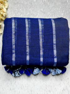 Handwoven Linen Saree - Royal Blue + Silver