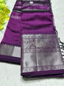 Handwoven Mangalgiri Silk Cotton Saree - Eggplant Violet+ Silver