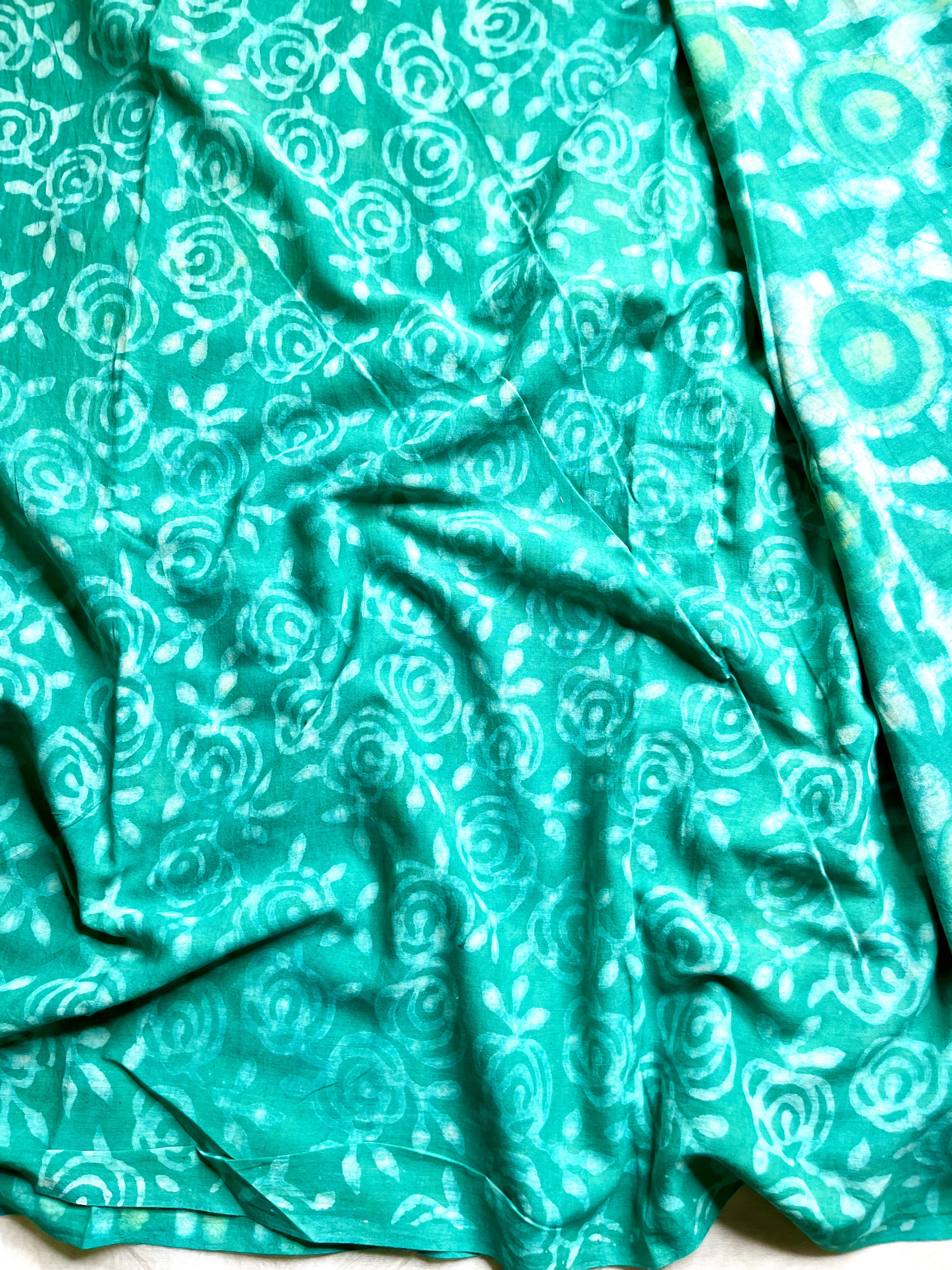 Handblock Printed Cotton Saree -  Fountain Green  + Swiss White