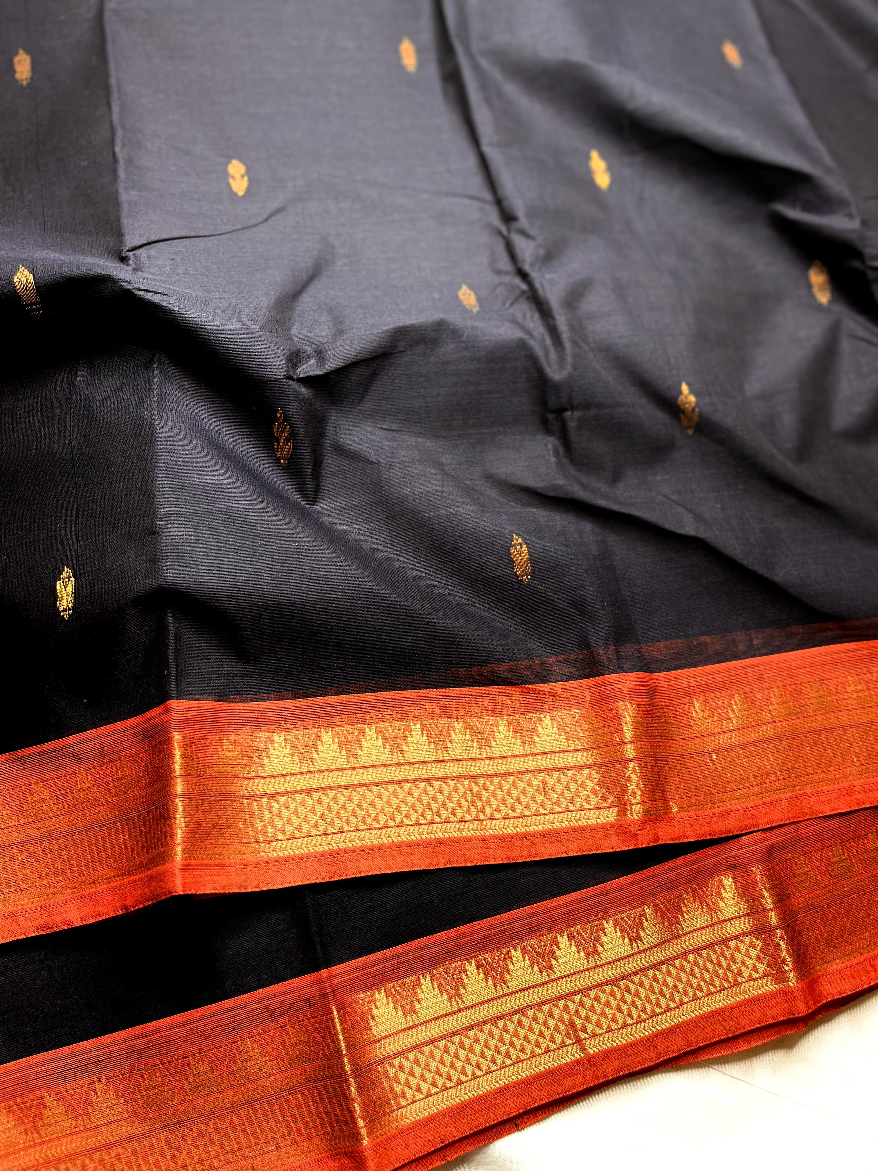 Chettinad Cotton Saree - Thunder Black +  Blaze Orange