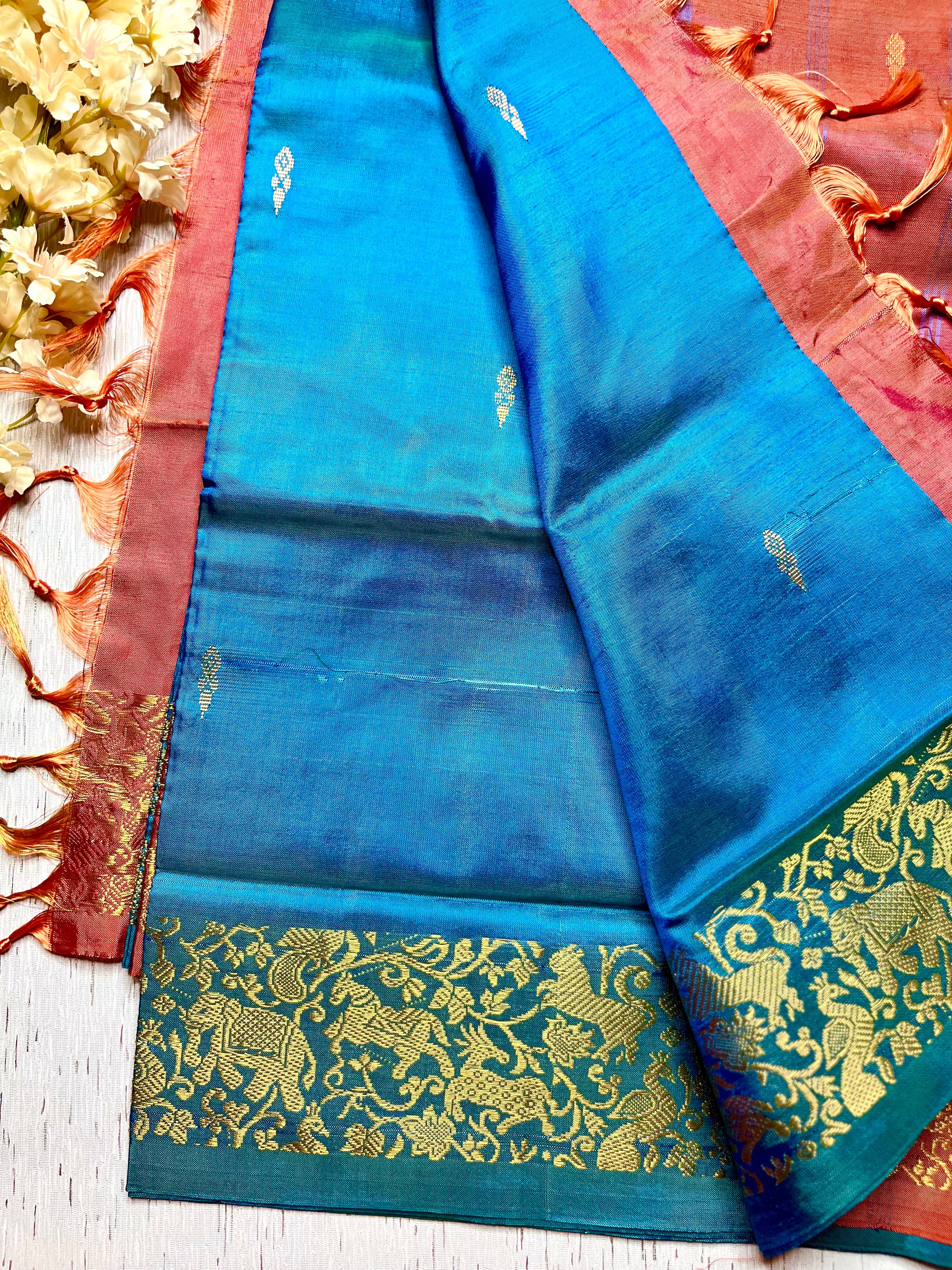 Handwoven Art Silk Saree -  Curious Blue + Persian Red