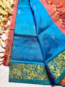 Handwoven Art Silk Saree -  Curious Blue + Persian Red