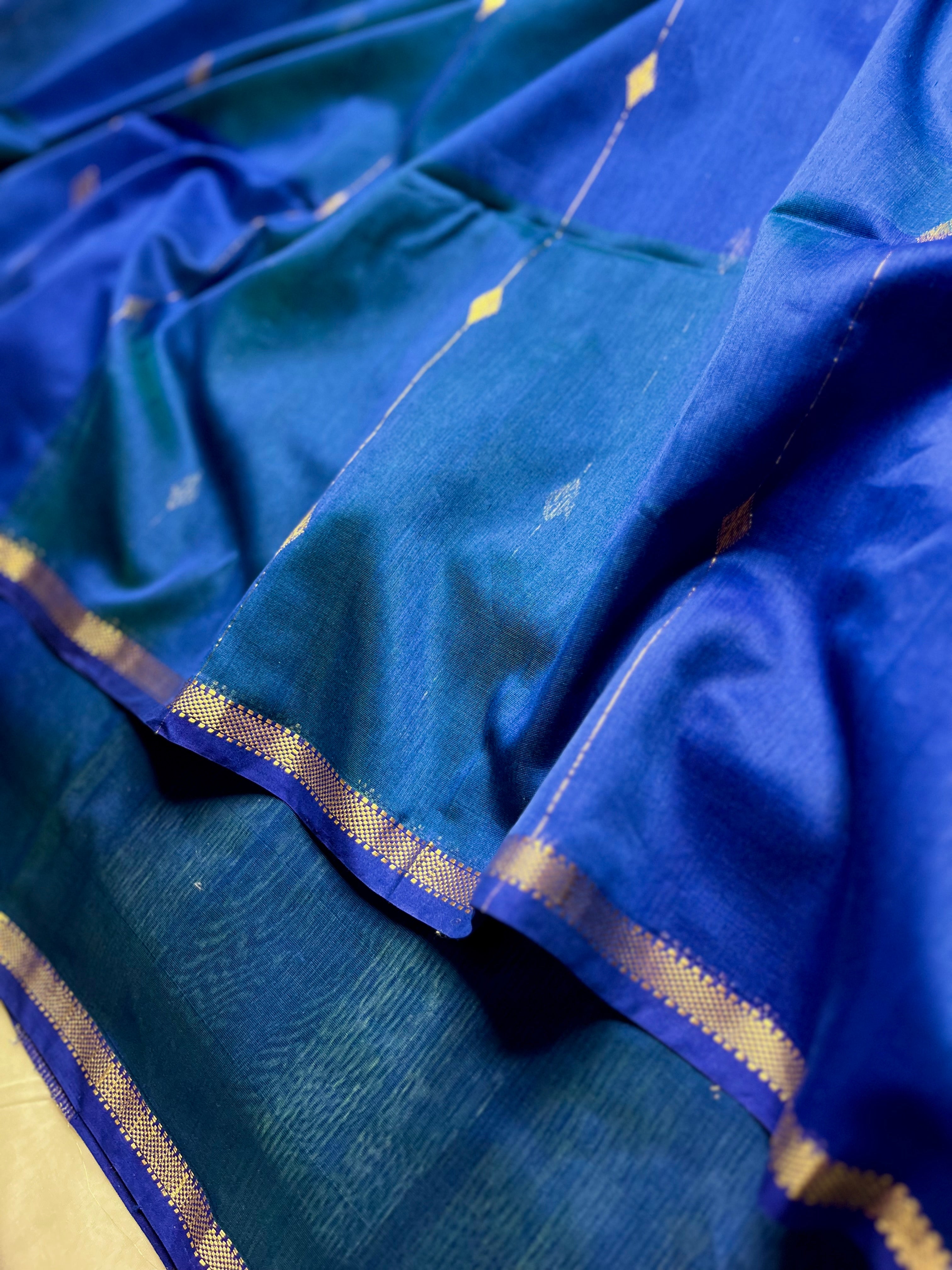 Handwoven Maheshwari Silk Cotton Saree - Cobalt Blue