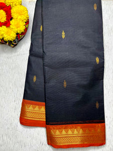 Chettinad Cotton Saree - Thunder Black +  Blaze Orange