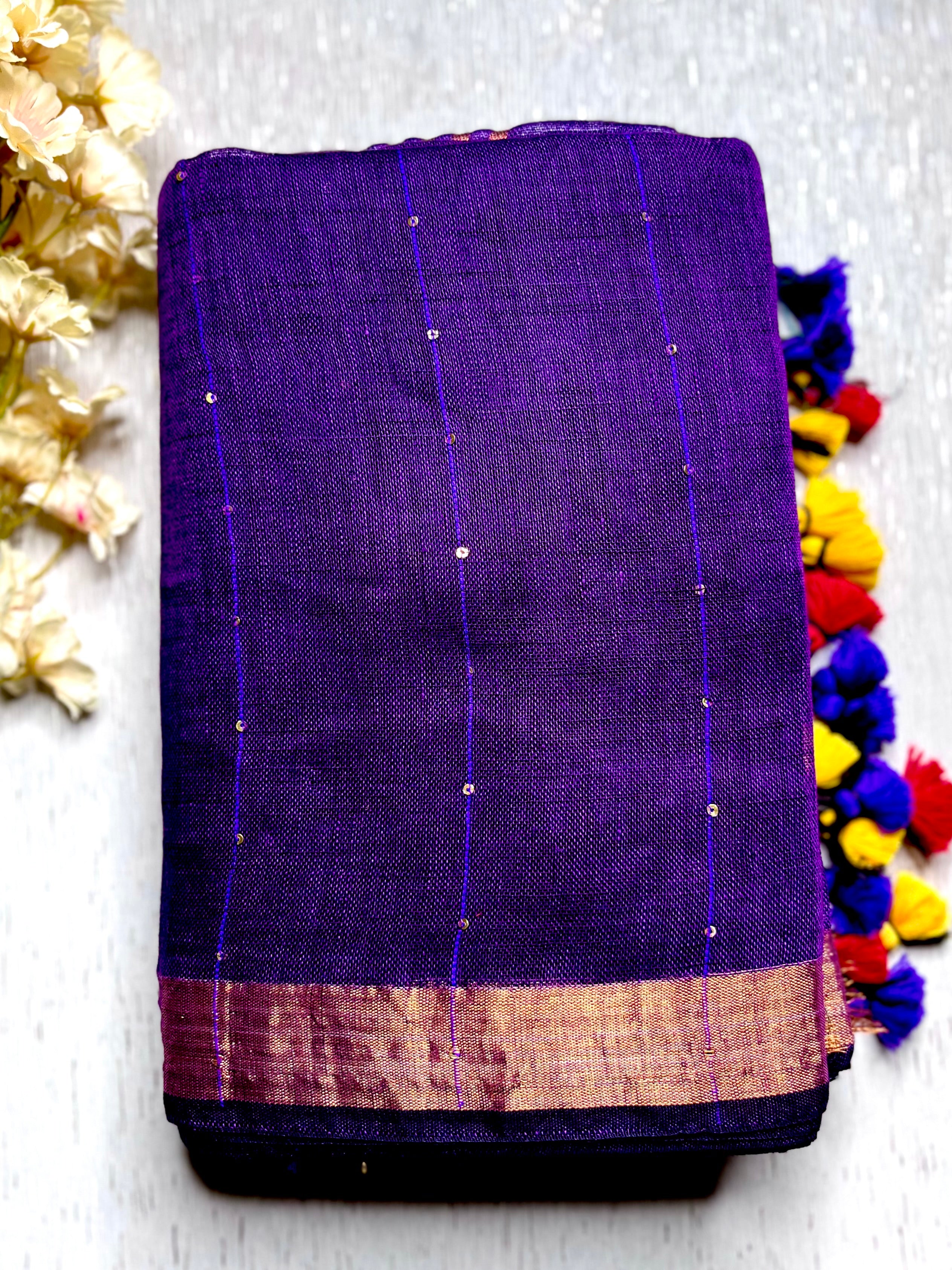 Handwoven Linen Saree -  Eggplant Purple + Gold