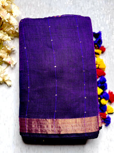 Handwoven Linen Saree -  Eggplant Purple + Gold