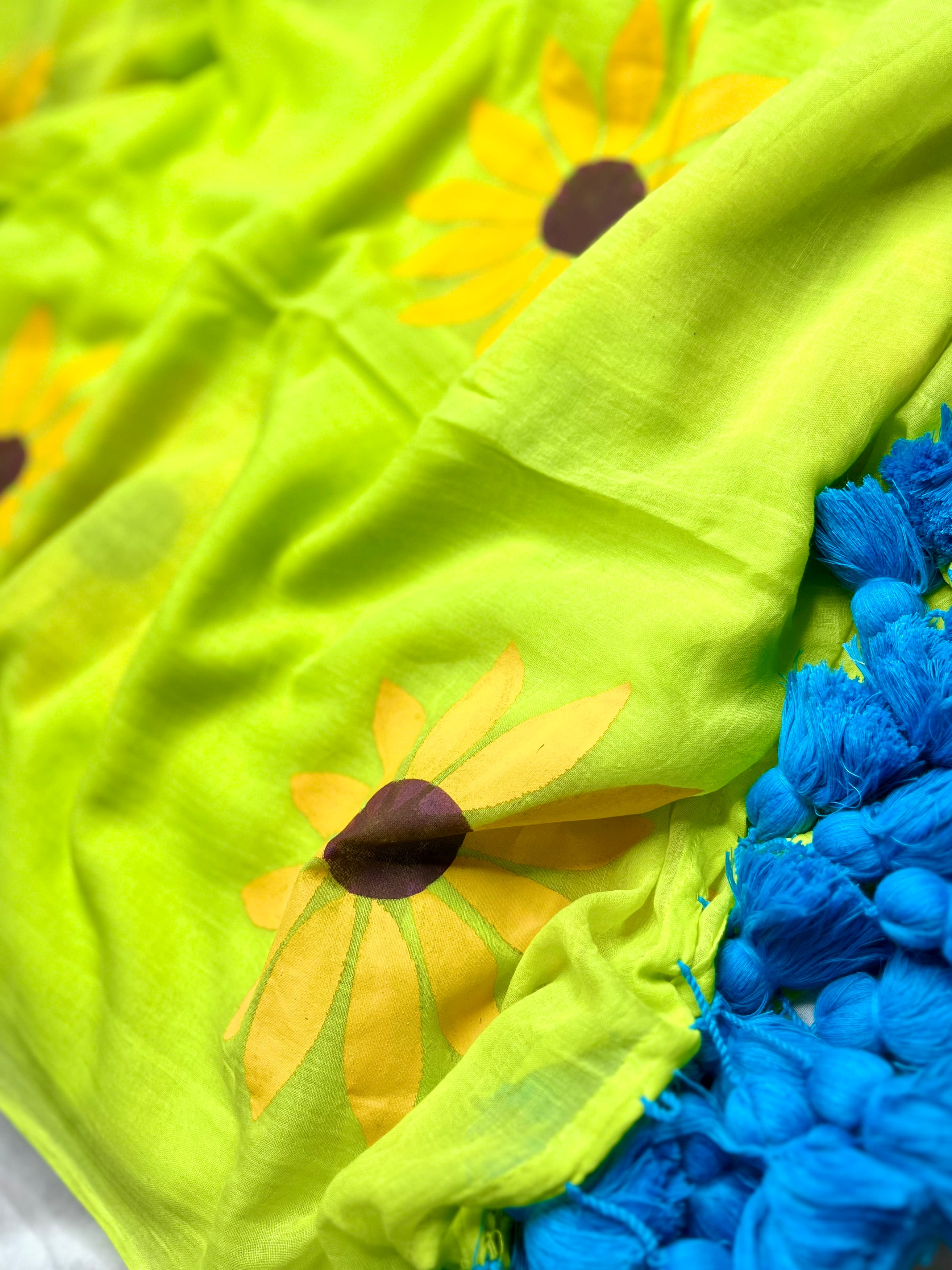 Hand Painted Cotton Saree - Lime Green + Corn Yellow