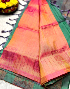 Handwoven Art Silk Saree -  Crimson Orange + Deep Sea Green