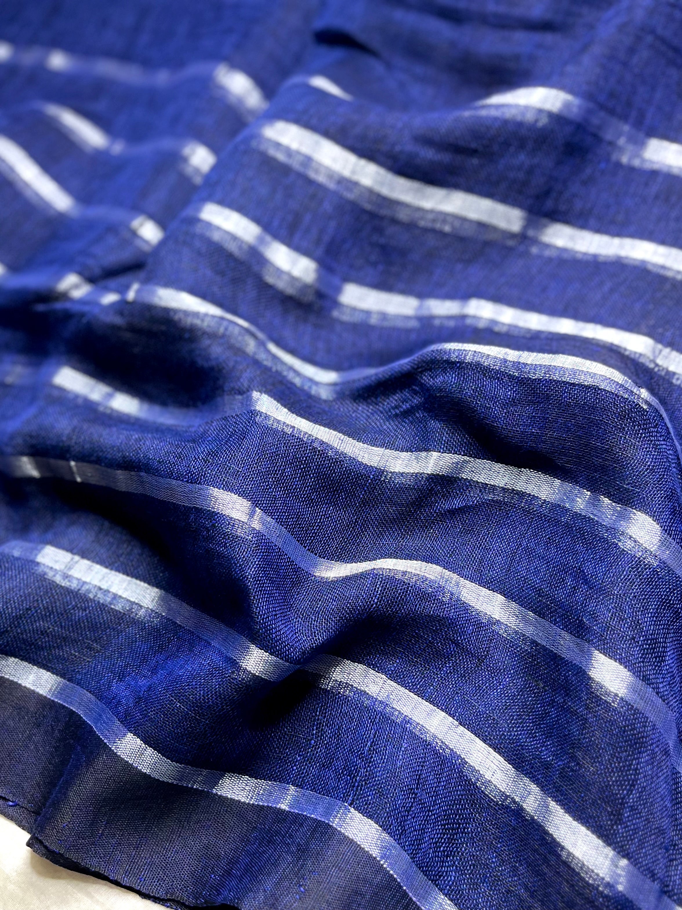 Handwoven Linen Saree - Royal Blue + Silver