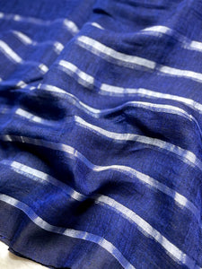 Handwoven Linen Saree - Royal Blue + Silver