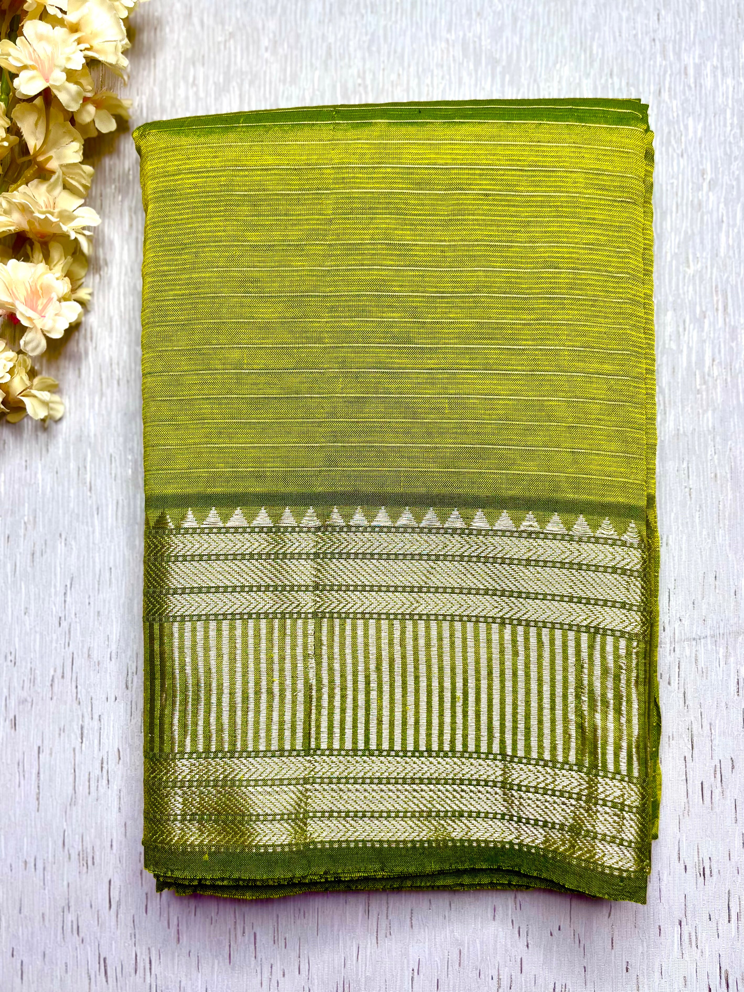 Handwoven Silk Cotton Saree - Lime Green + Silver