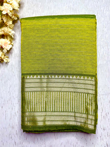 Handwoven Silk Cotton Saree - Lime Green + Silver