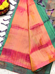 Handwoven Art Silk Saree -  Crimson Orange + Deep Sea Green