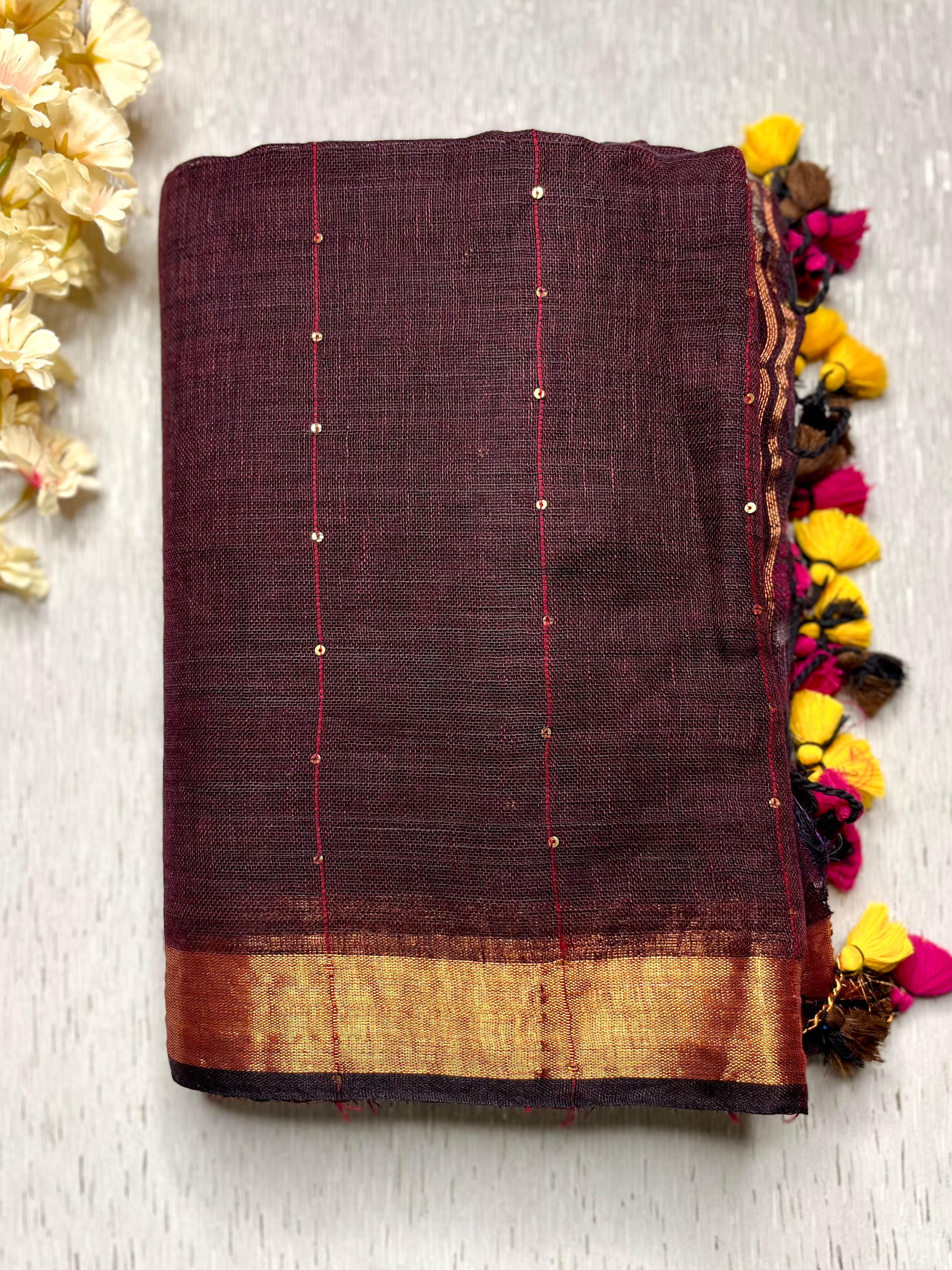 Handwoven Linen Saree -   Woody Brown + Gold
