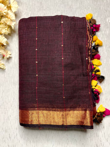 Handwoven Linen Saree -   Woody Brown + Gold