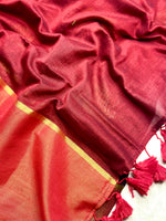 Load image into Gallery viewer, Handwoven Cotton Saree - Rose Black + Vibrant Red

