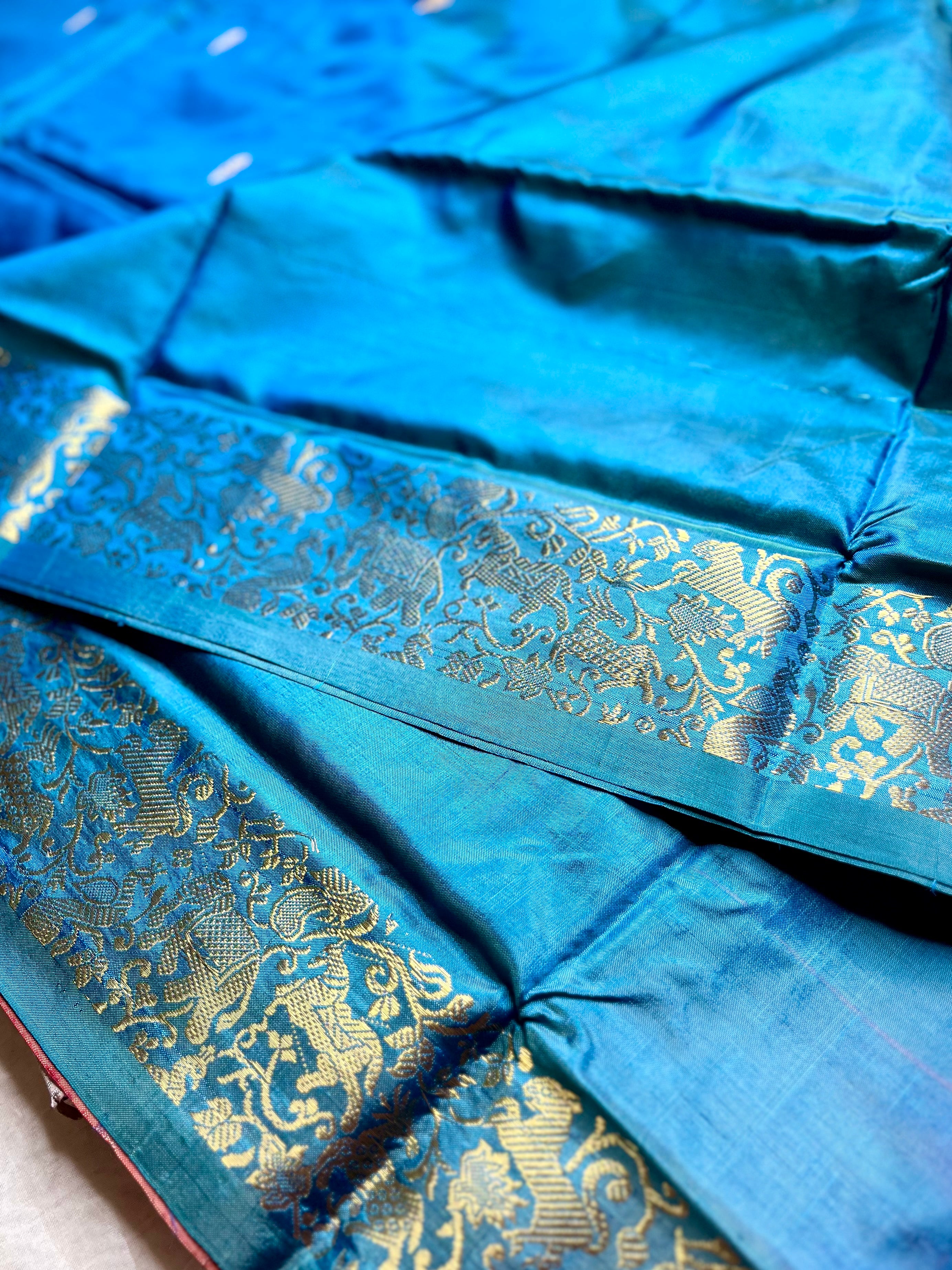 Handwoven Art Silk Saree -  Curious Blue + Persian Red