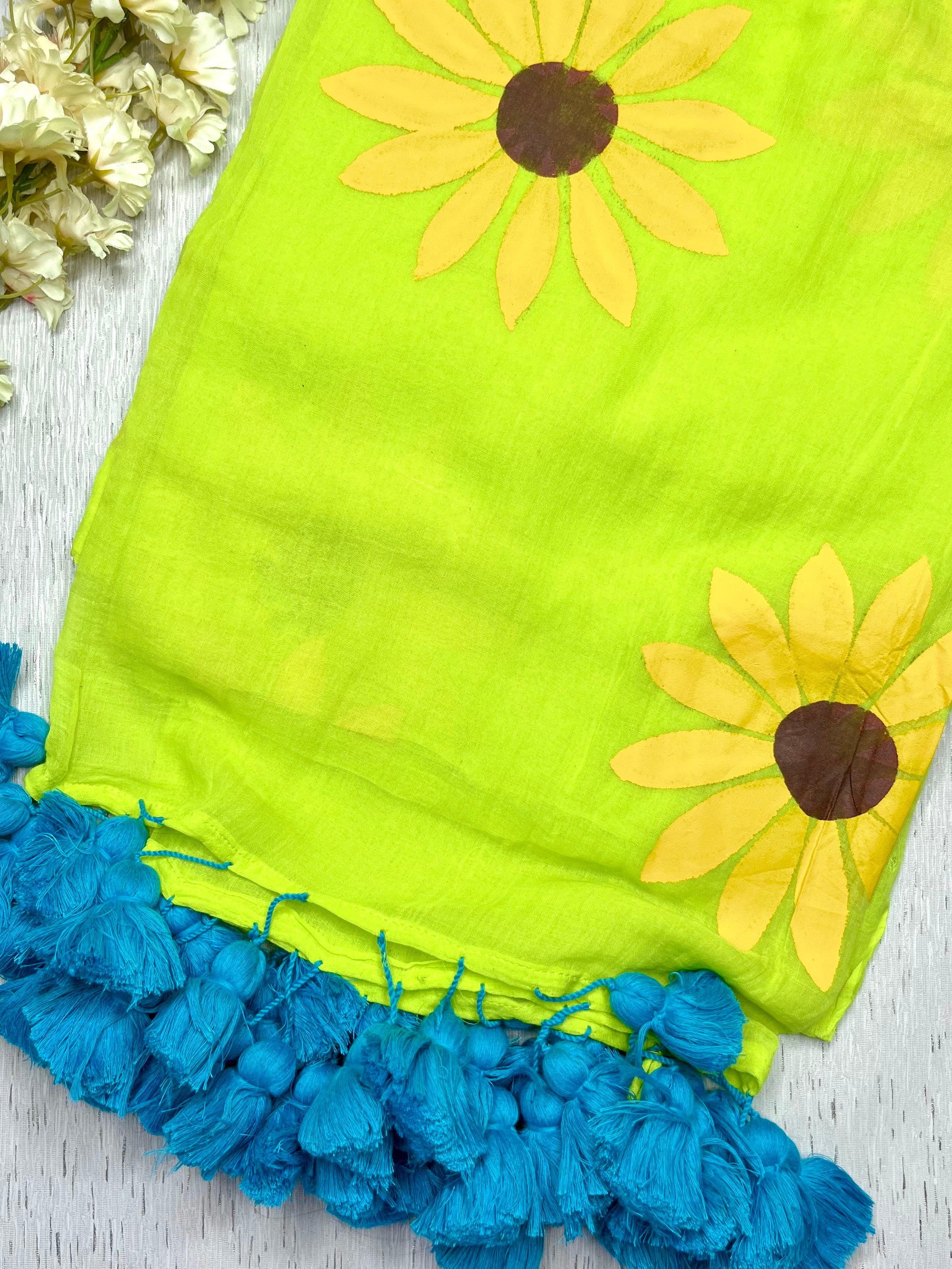 Hand Painted Cotton Saree - Lime Green + Corn Yellow