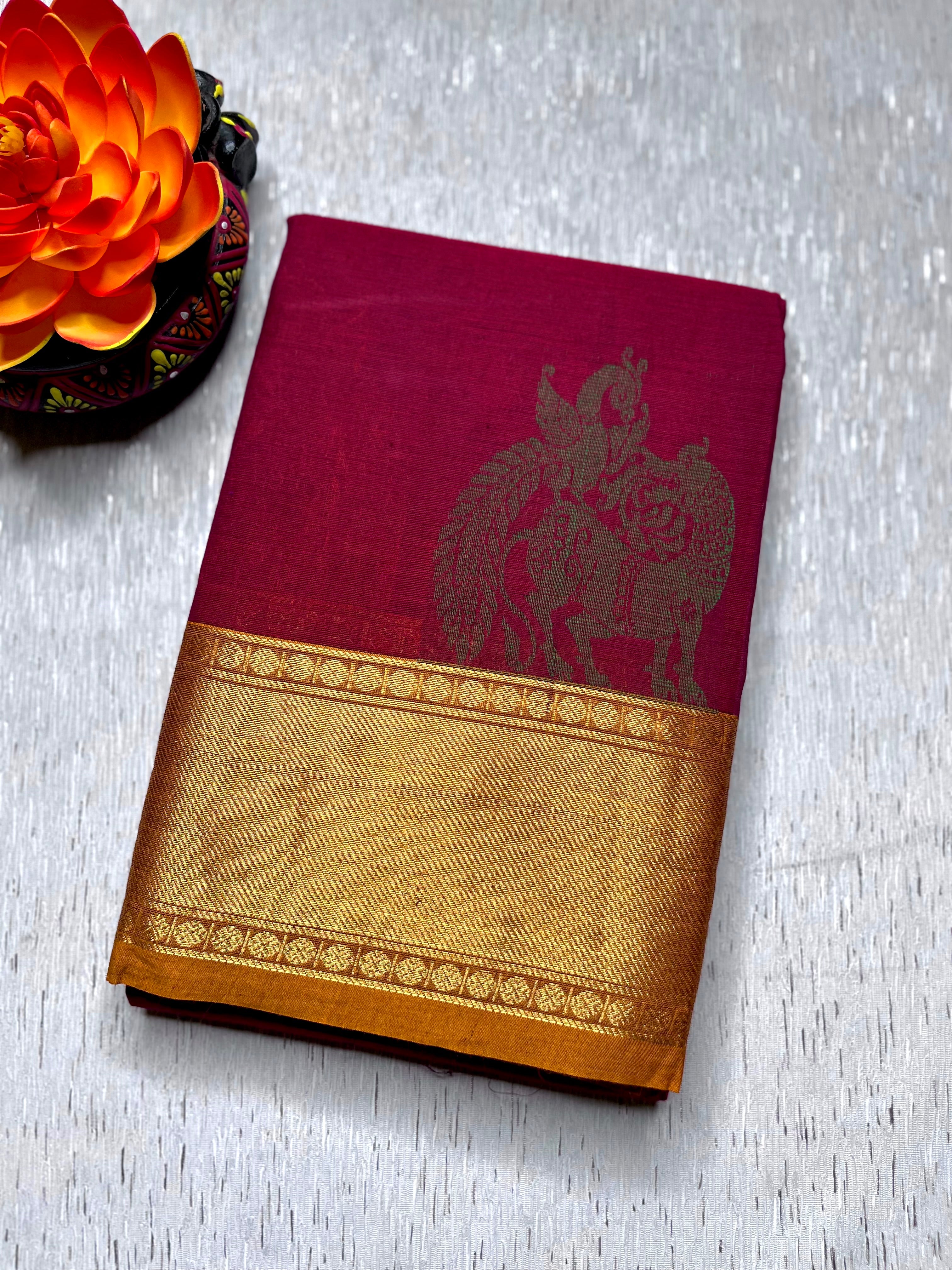 Kanchi Cotton Saree -  Mulberry Red + Fiery Orange