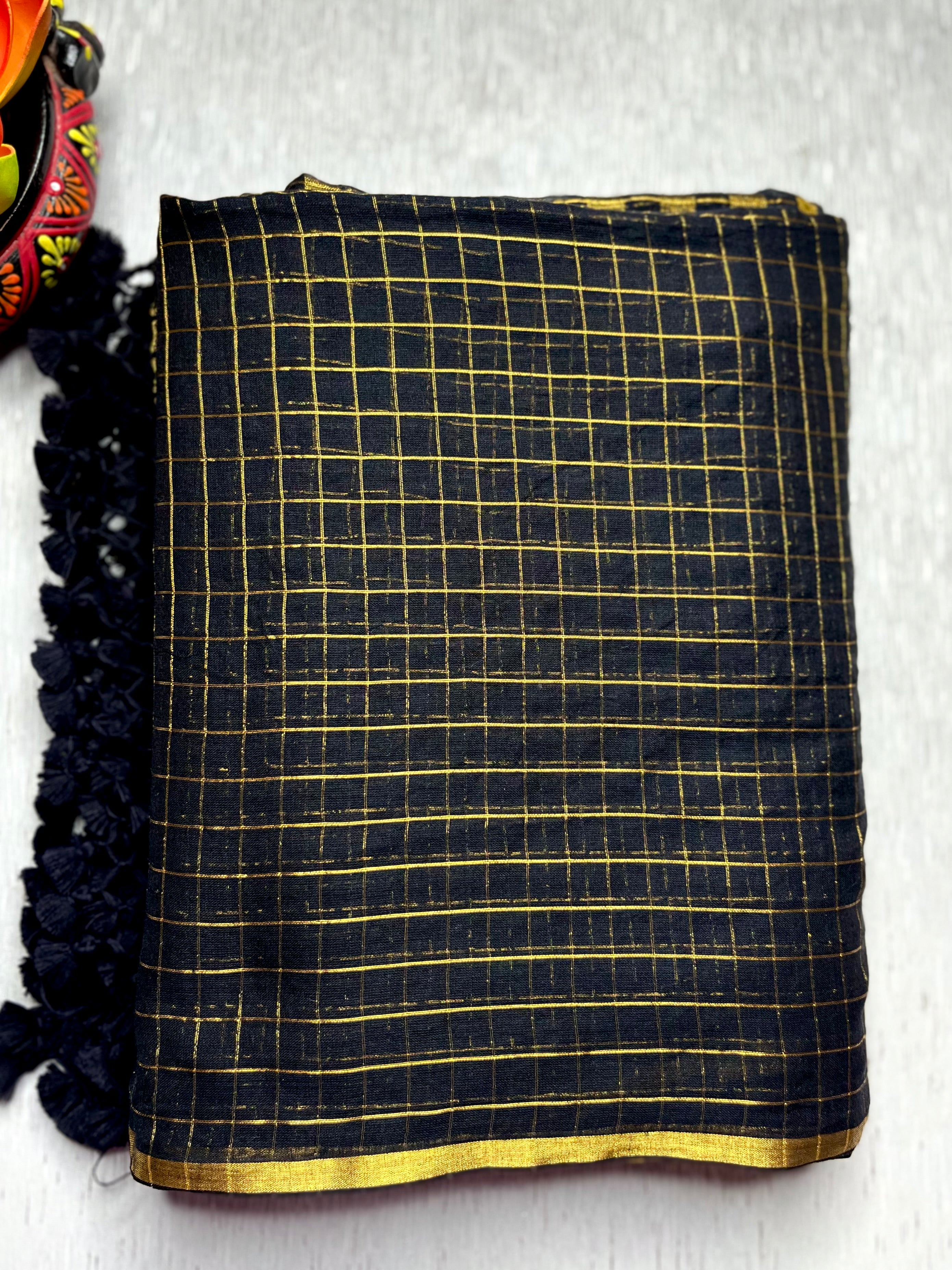 Handwoven Cotton Saree -  Russian Black + Gold