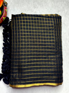 Handwoven Cotton Saree -  Russian Black + Gold