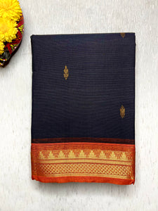 Chettinad Cotton Saree - Thunder Black +  Blaze Orange