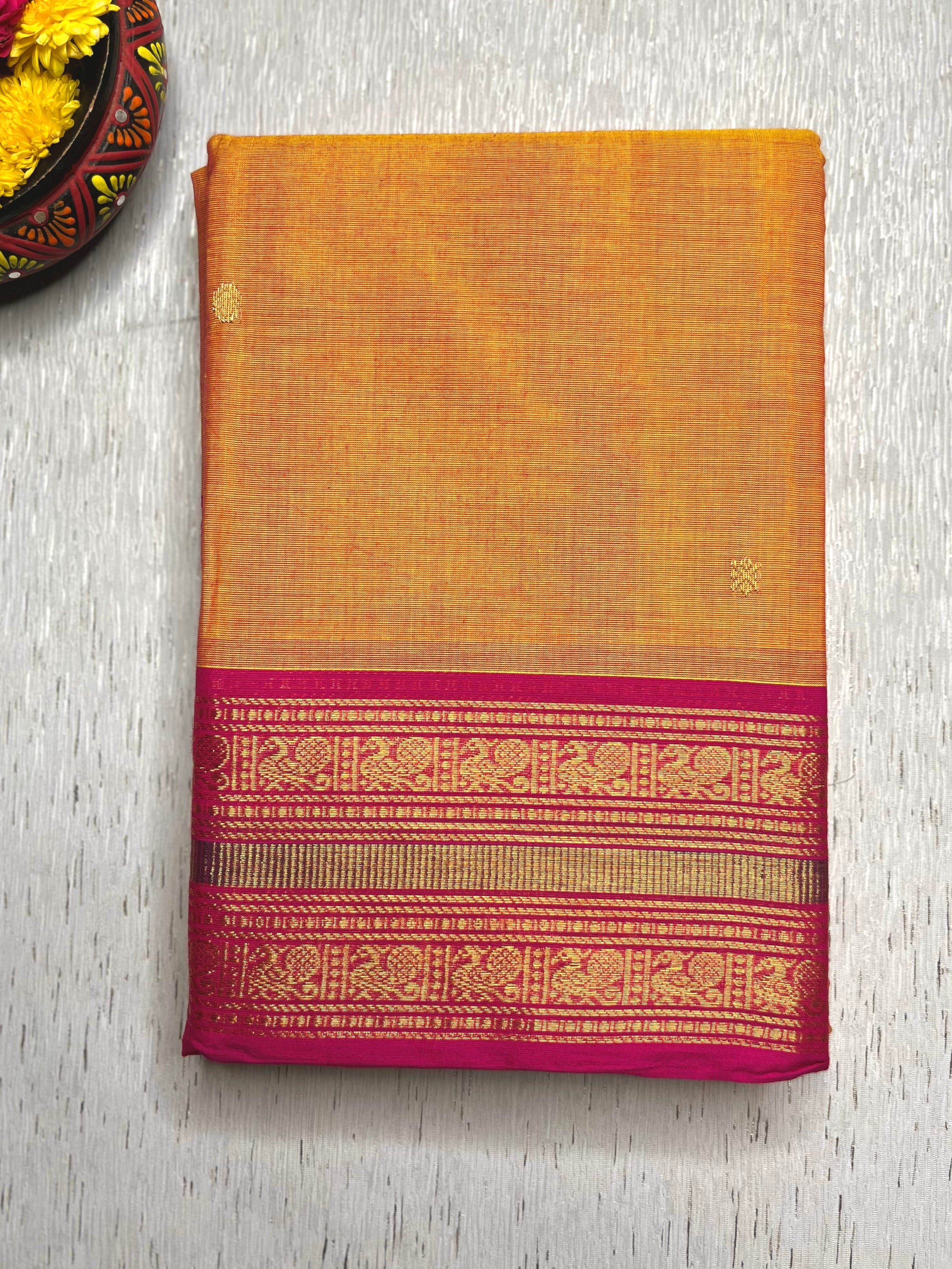 Chettinad Cotton Saree -  Bright Sun + Crimson Pink