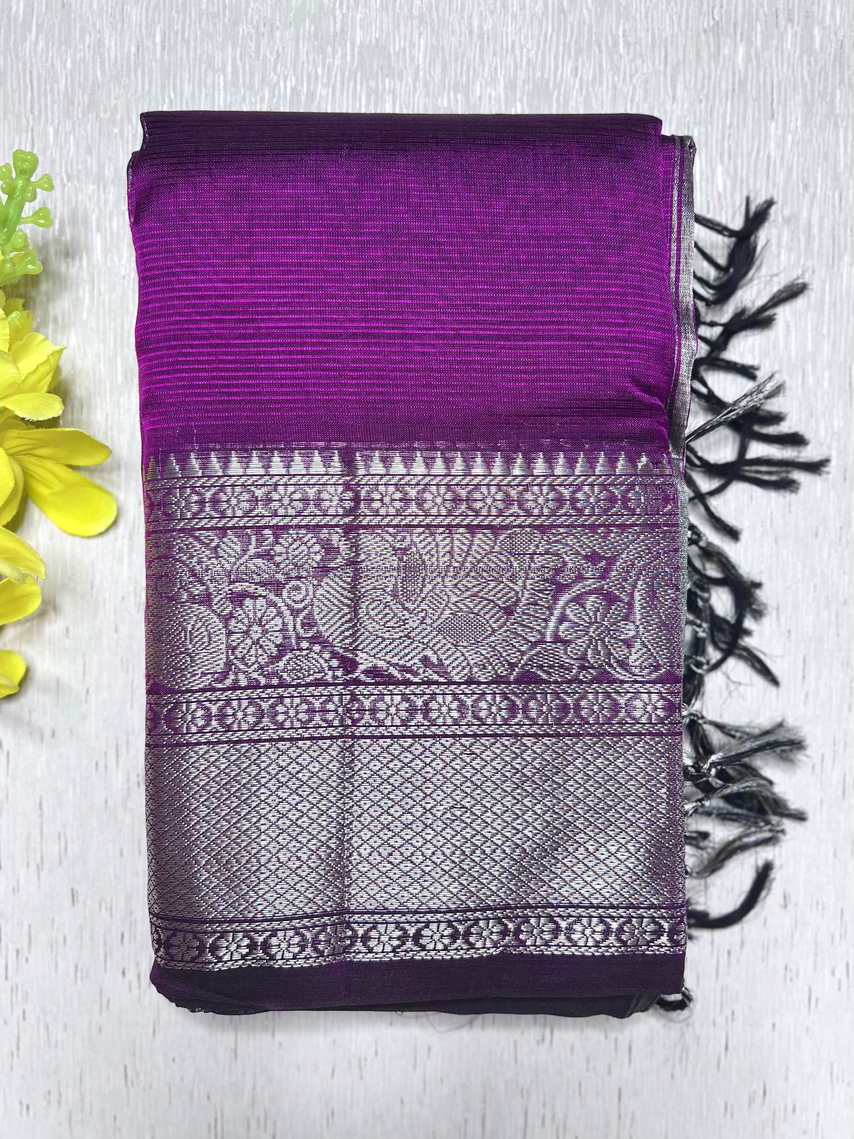 Handwoven Mangalgiri Silk Cotton Saree - Eggplant Violet+ Silver