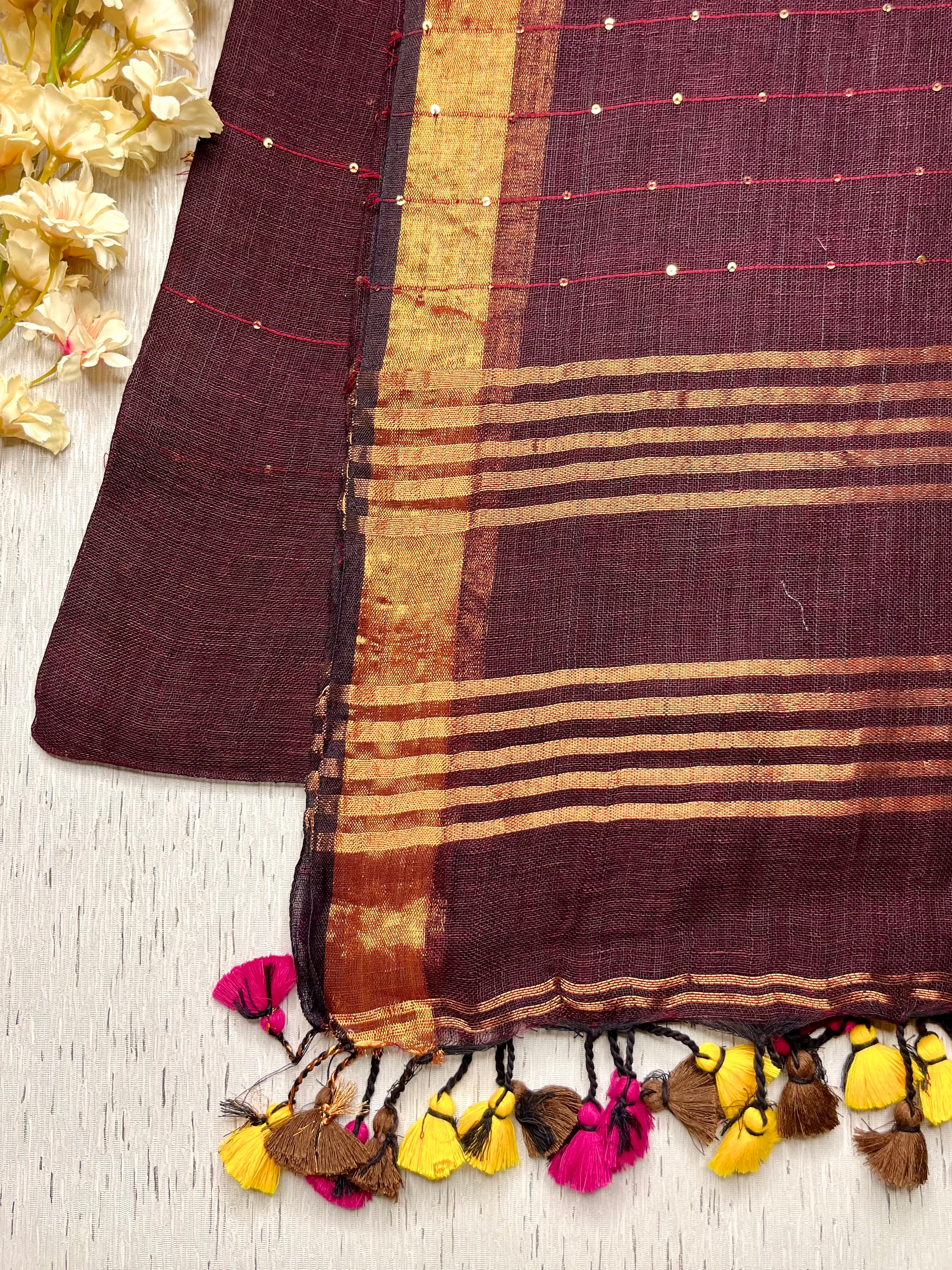 Handwoven Linen Saree -   Woody Brown + Gold