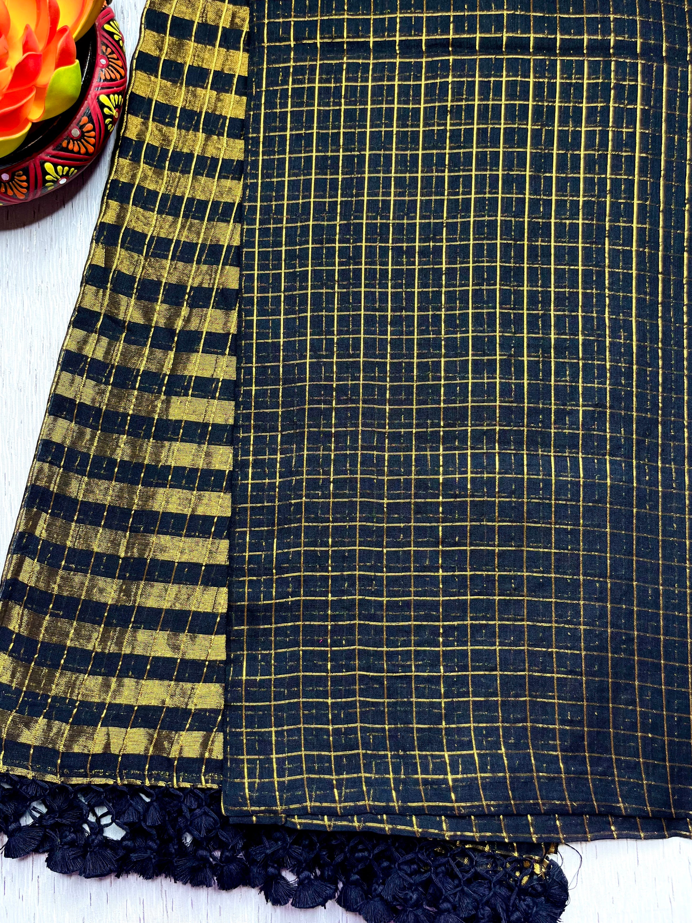 Handwoven Cotton Saree -  Russian Black + Gold