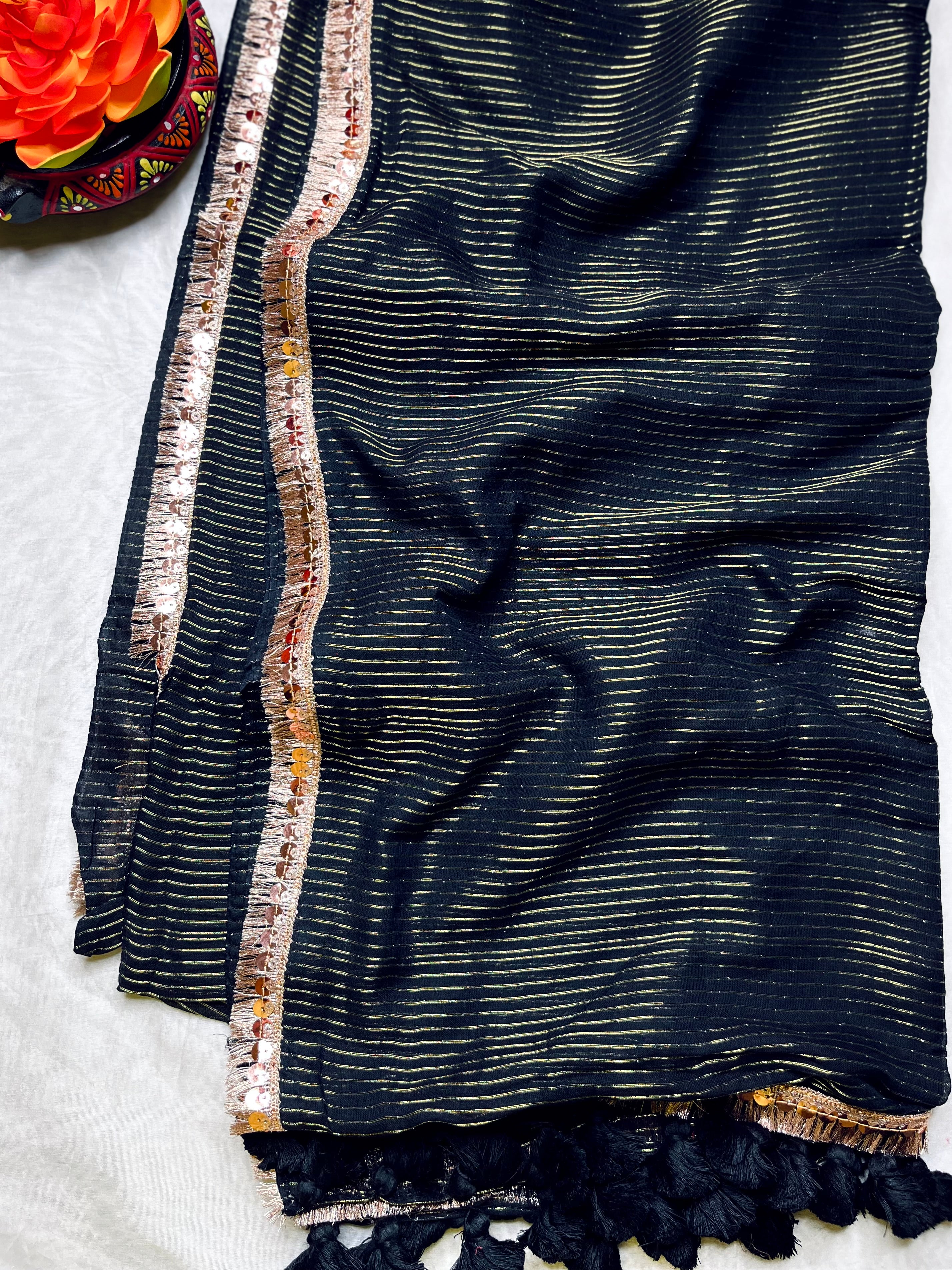 Handwoven Cotton Saree -  Pearl Black + Gold