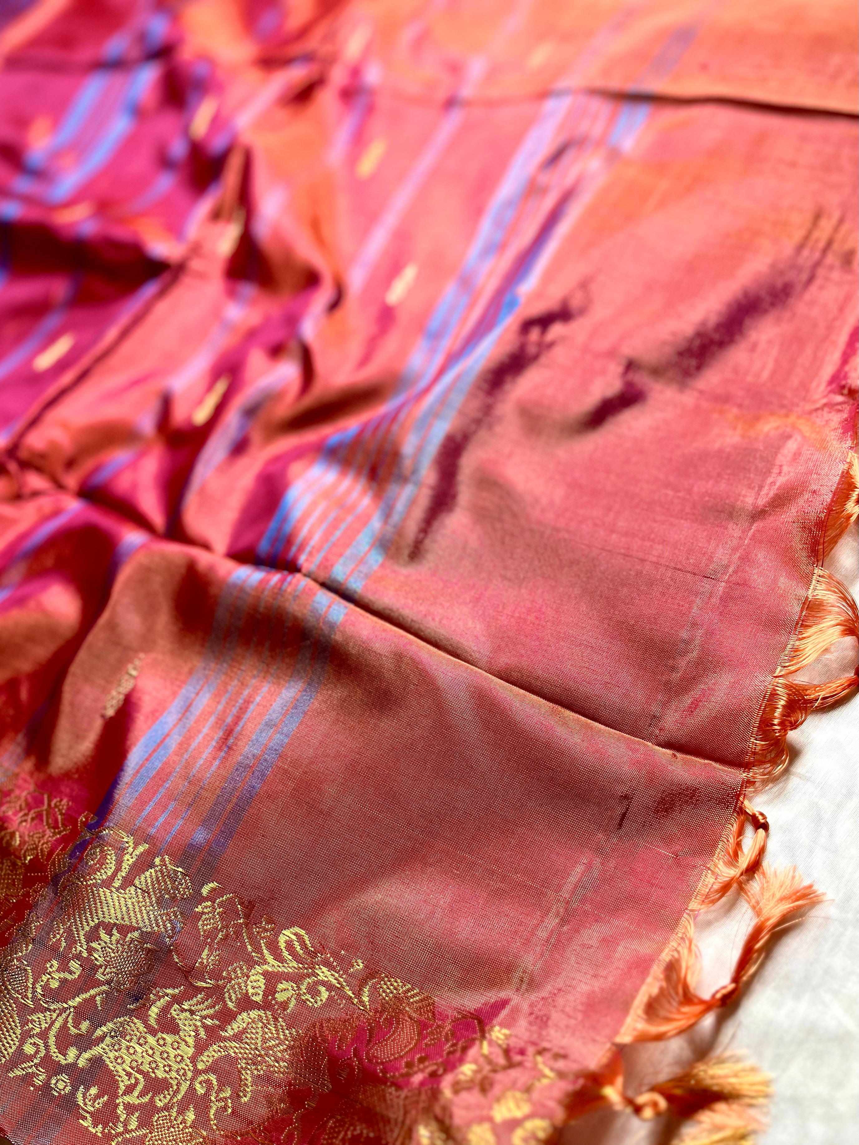 Handwoven Art Silk Saree -  Curious Blue + Persian Red