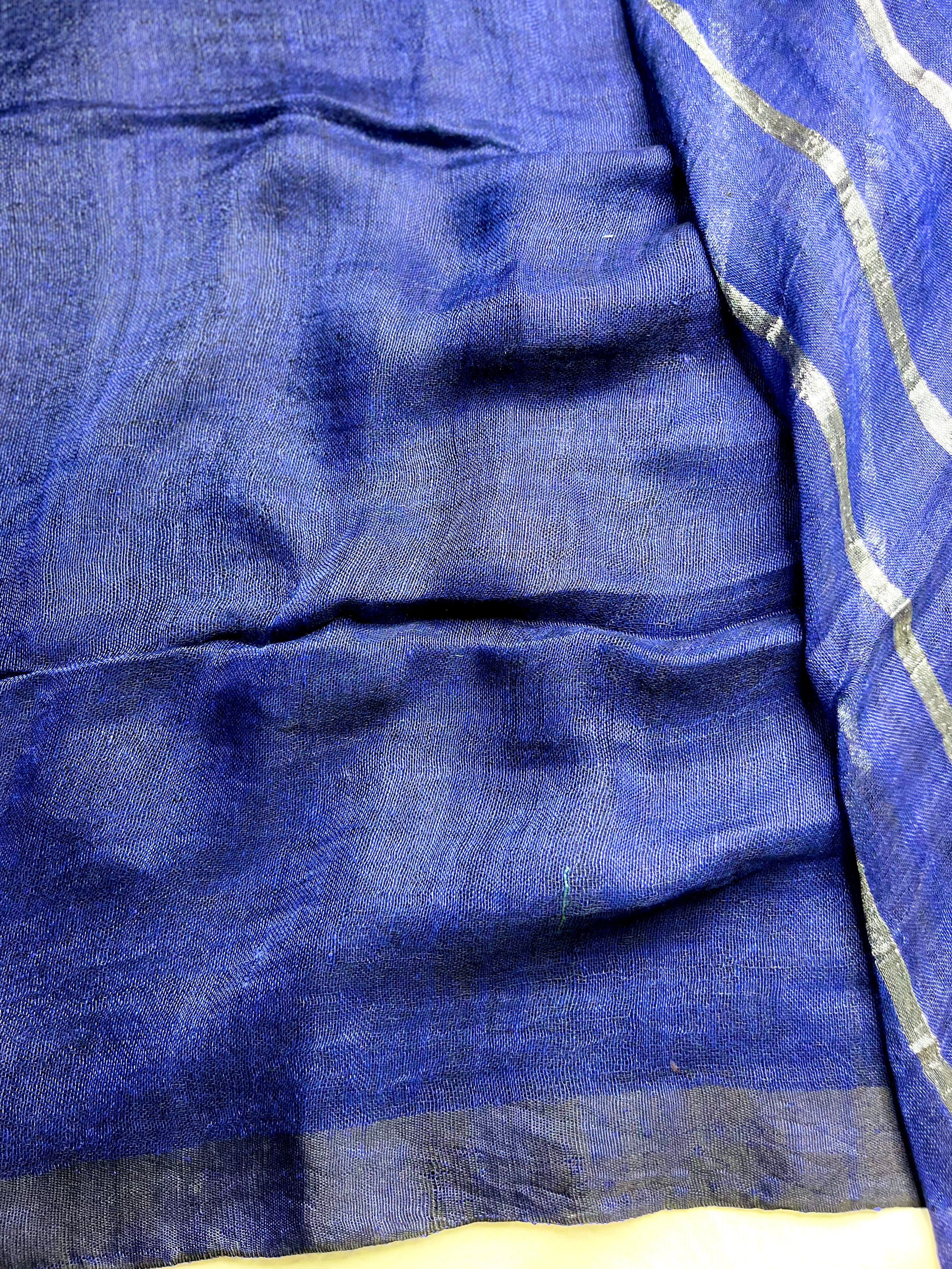 Handwoven Linen Saree - Royal Blue + Silver