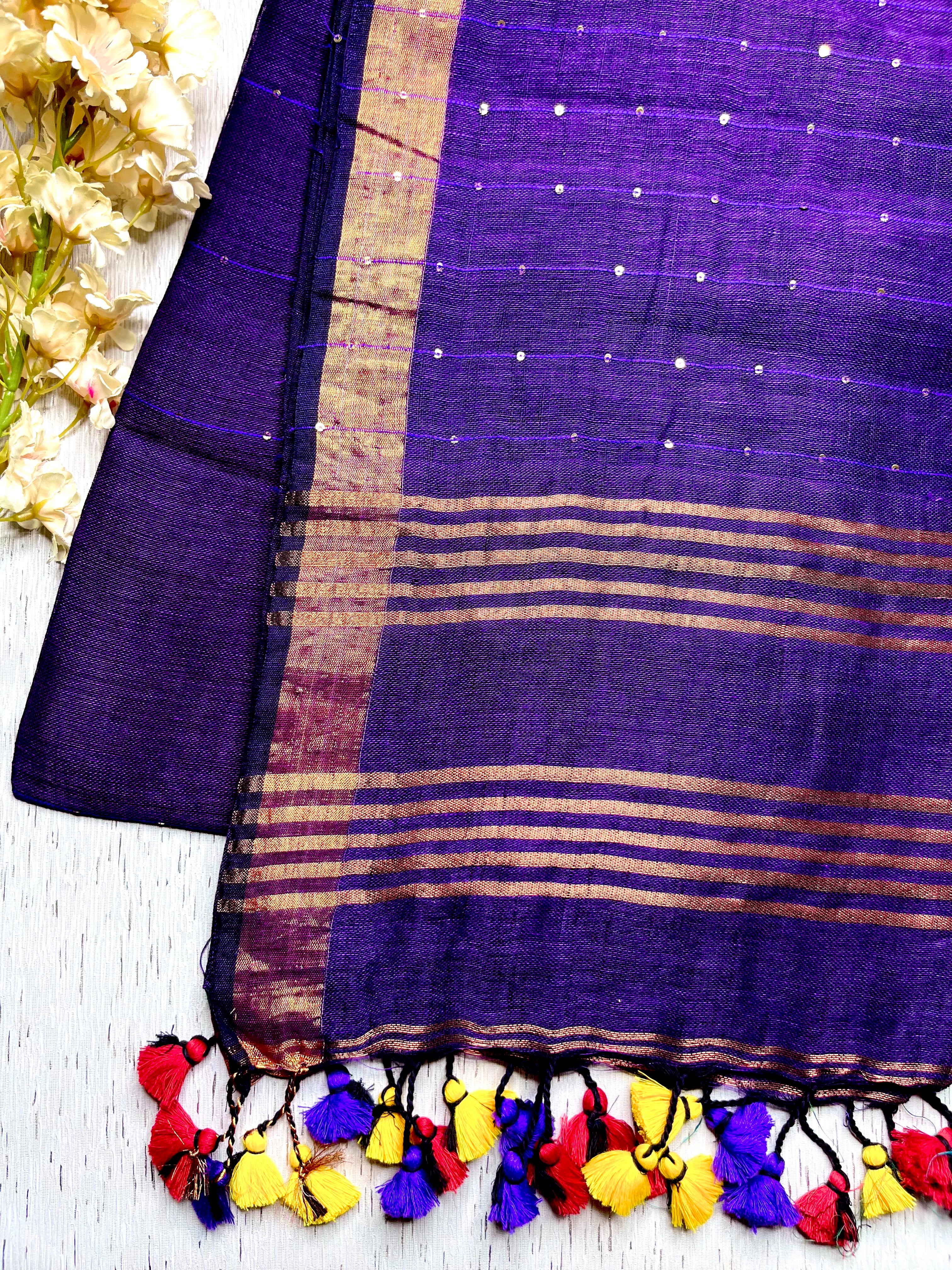 Handwoven Linen Saree -  Eggplant Purple + Gold